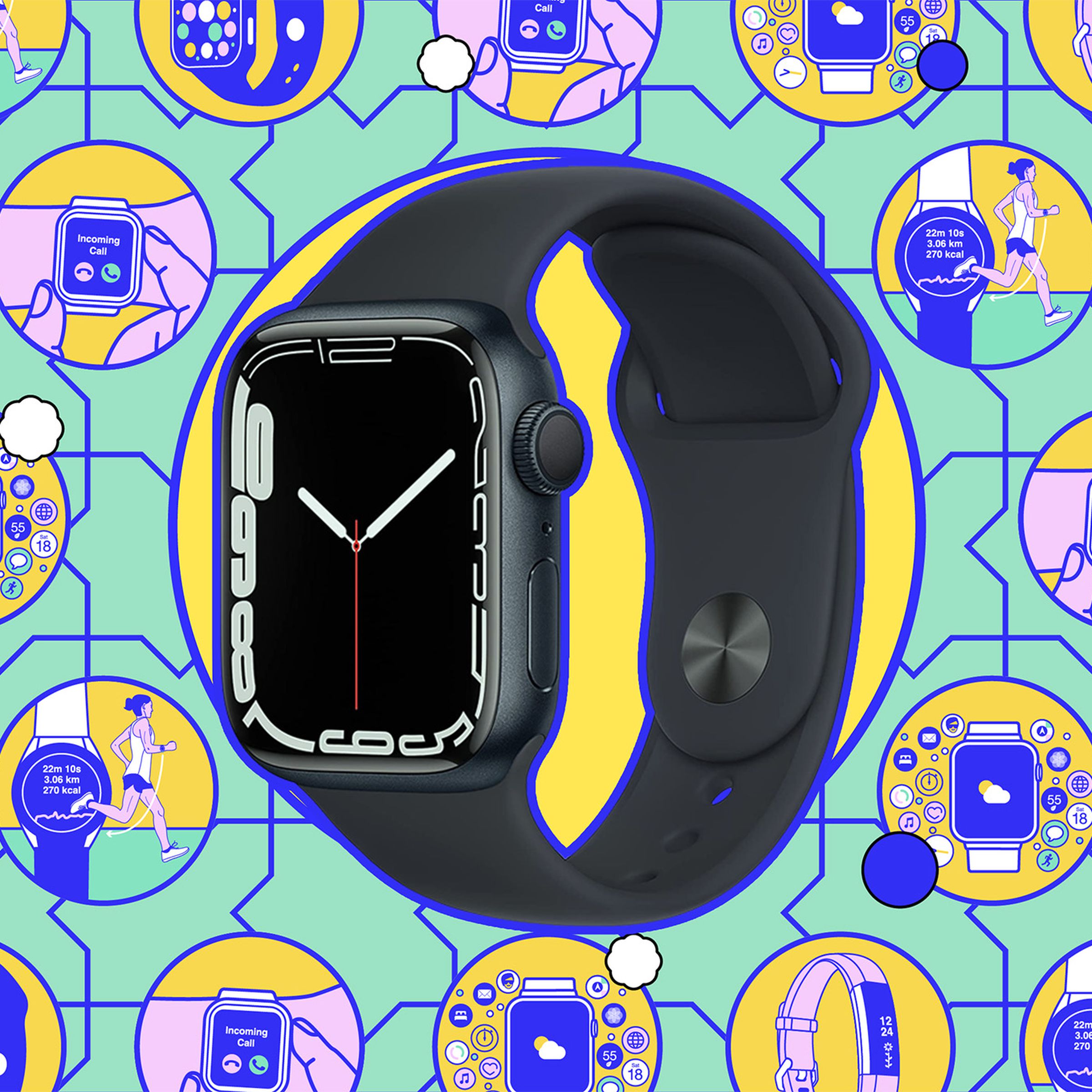 The Apple Watch against a series of colorful illustrations depicting smartwatch use