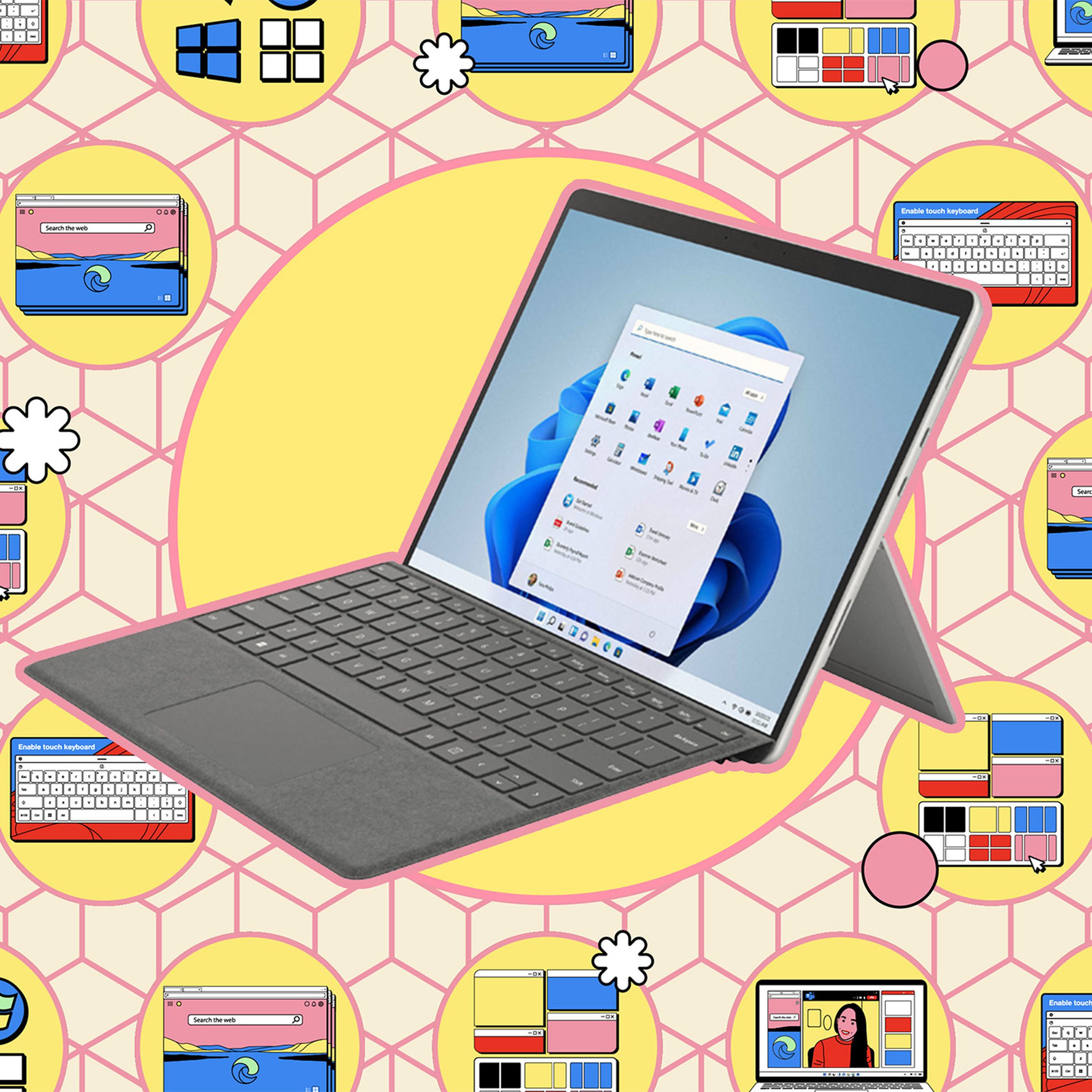 Windows laptop against yellow background with small illustrations