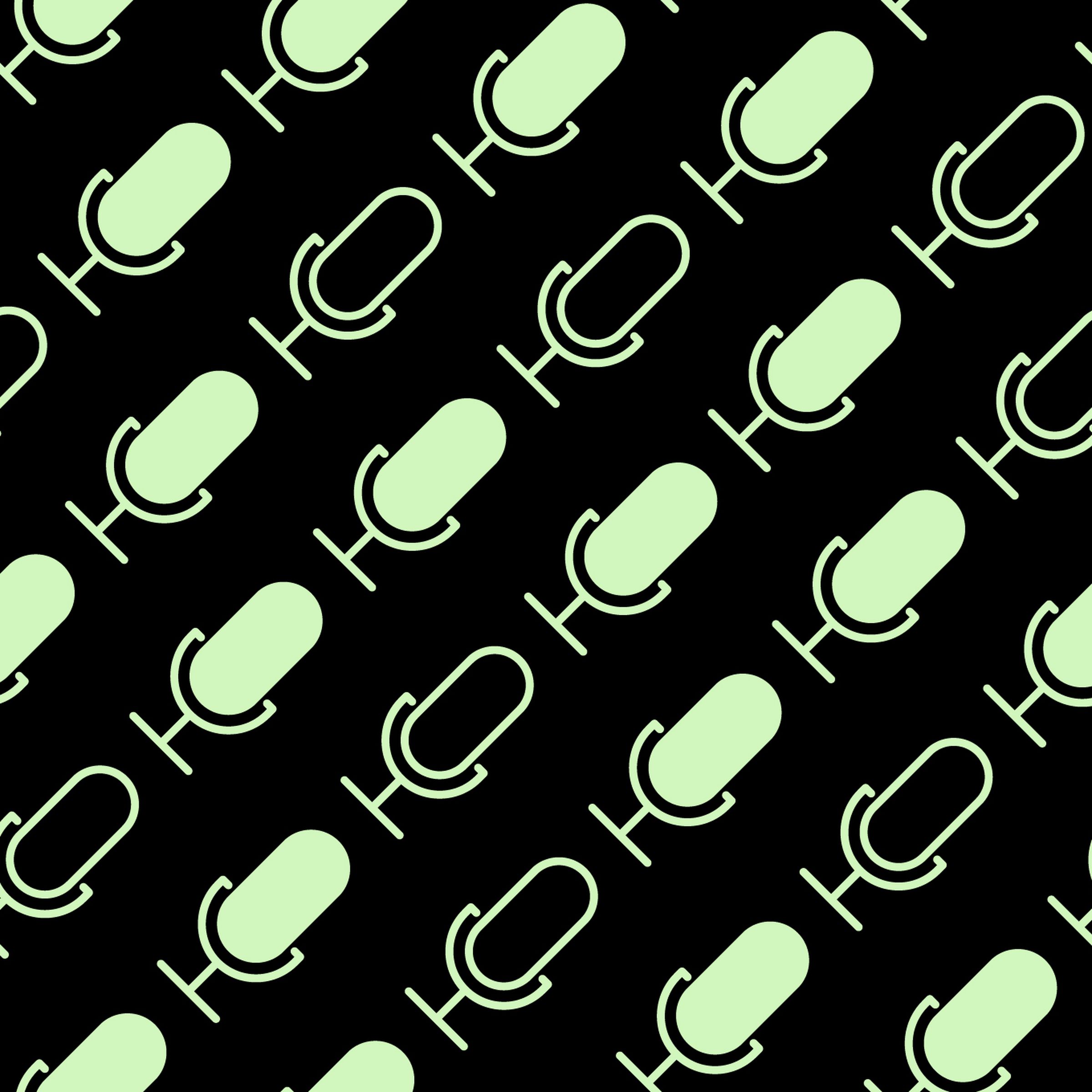 Repeating green microphones over a black background