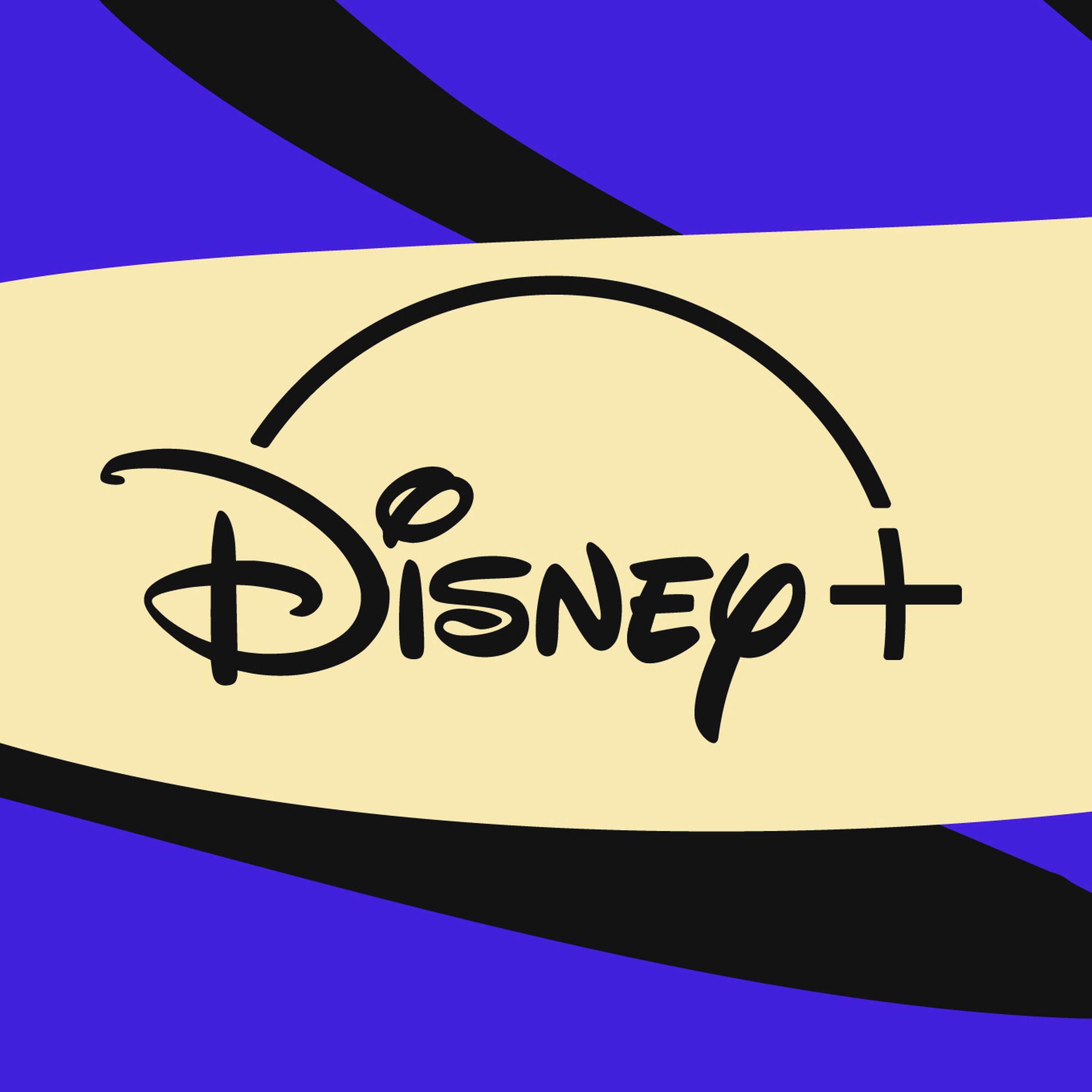 The Disney Plus logo on a beige and purple background