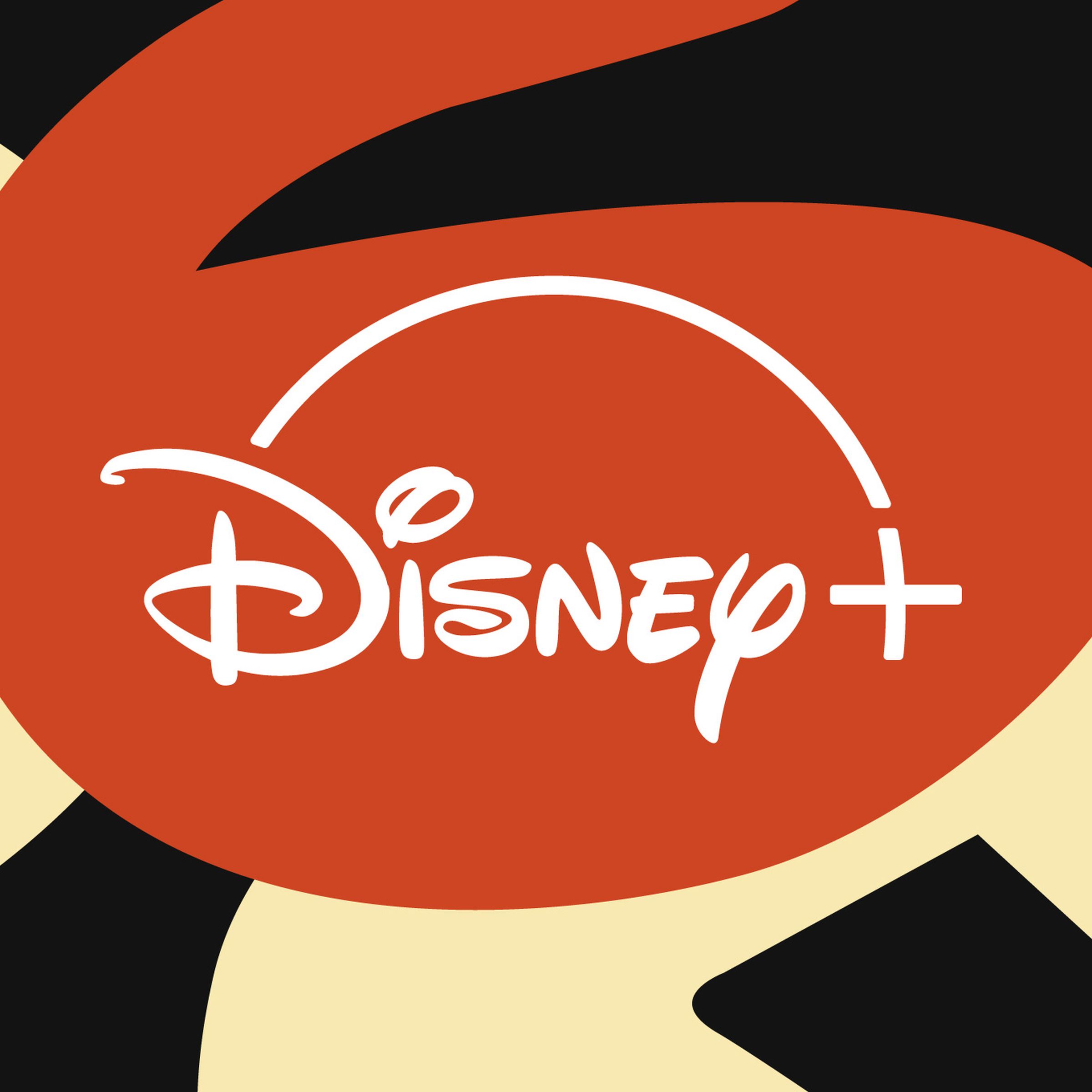 The Disney Plus logo in the middle of orange and beige circular shapes.