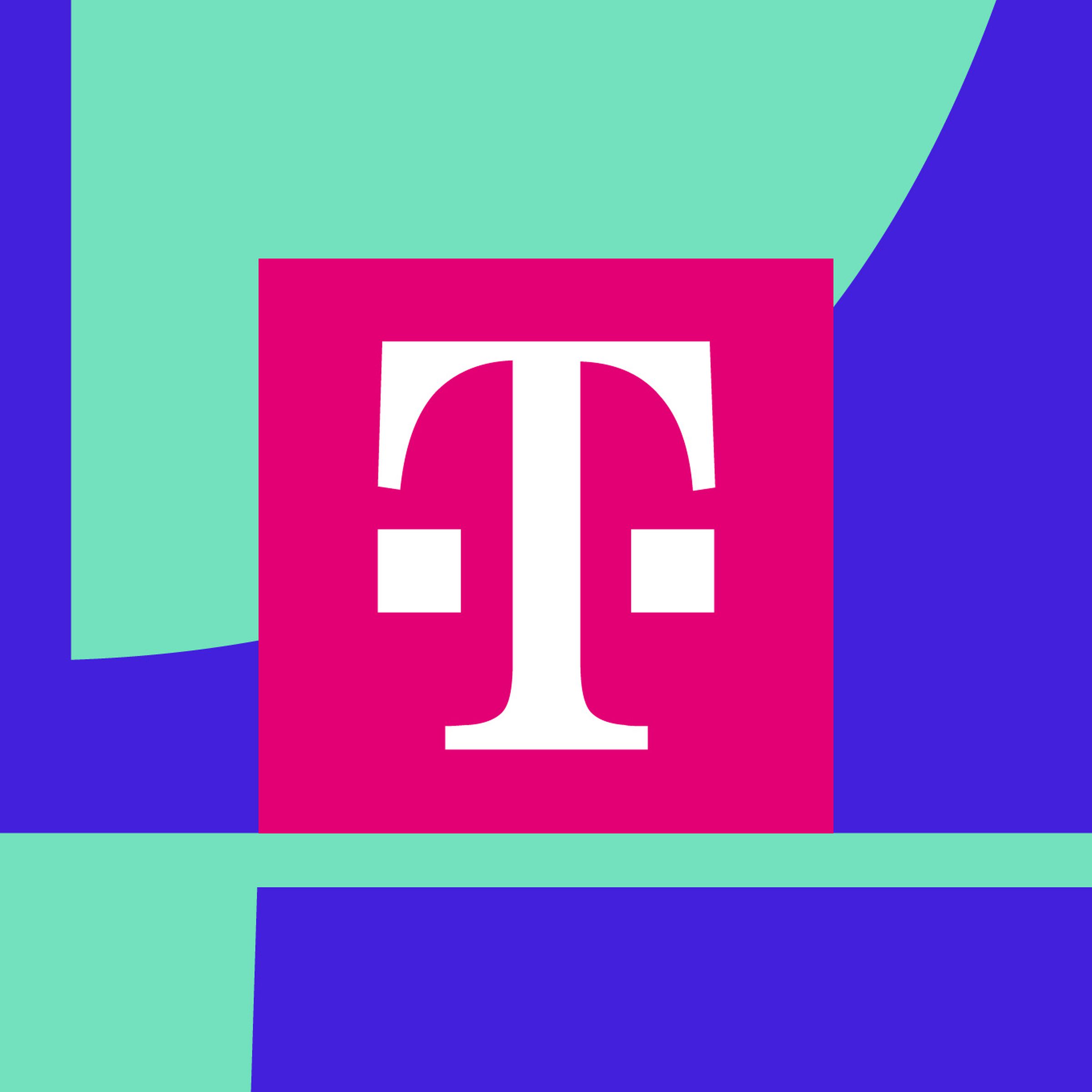 Illustration of the T-Mobile logo, the letter T in a pink box with two squares on either side of it, in front of a blue and aqua background.