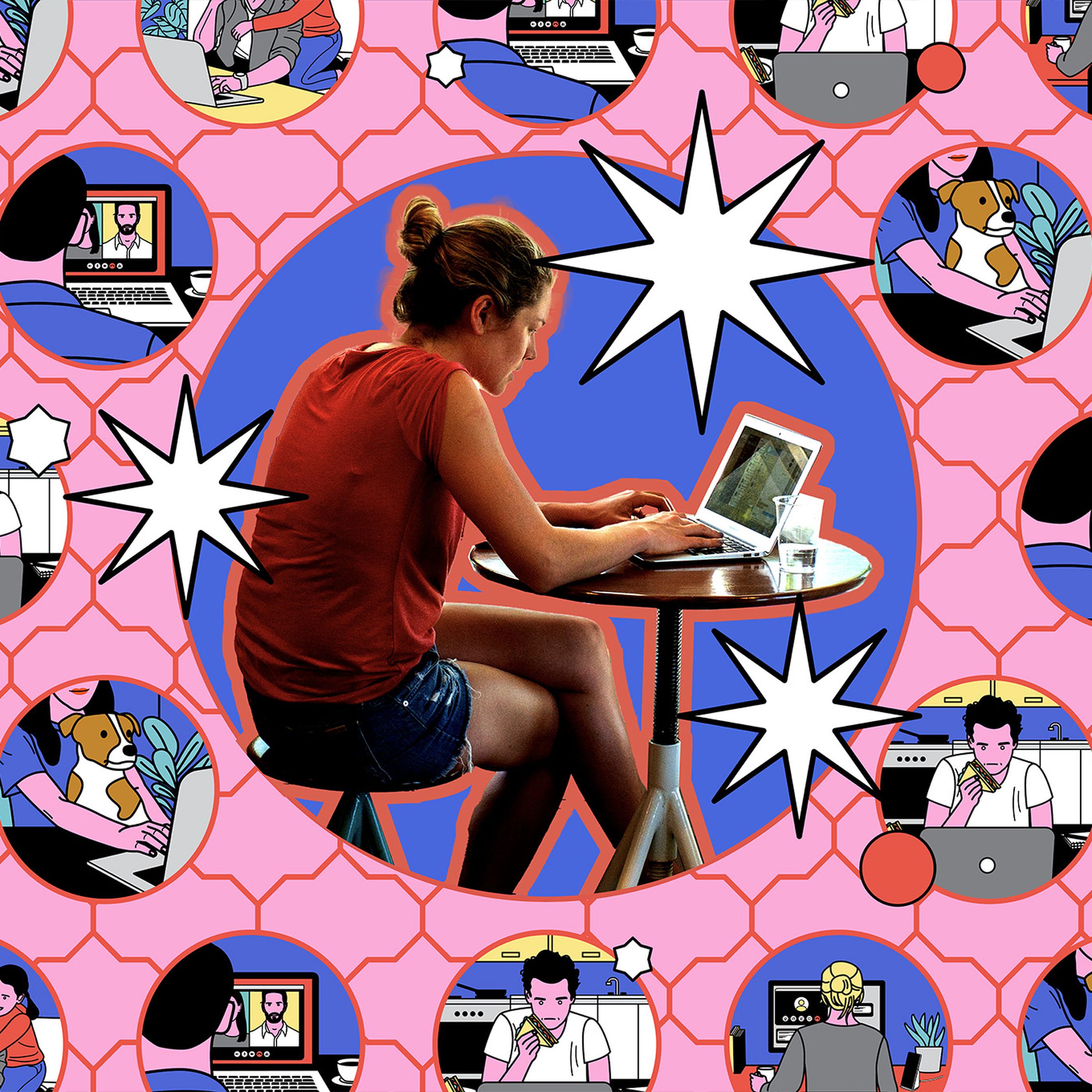 Woman at laptop with three white stars floating around her and background of various illustrations.
