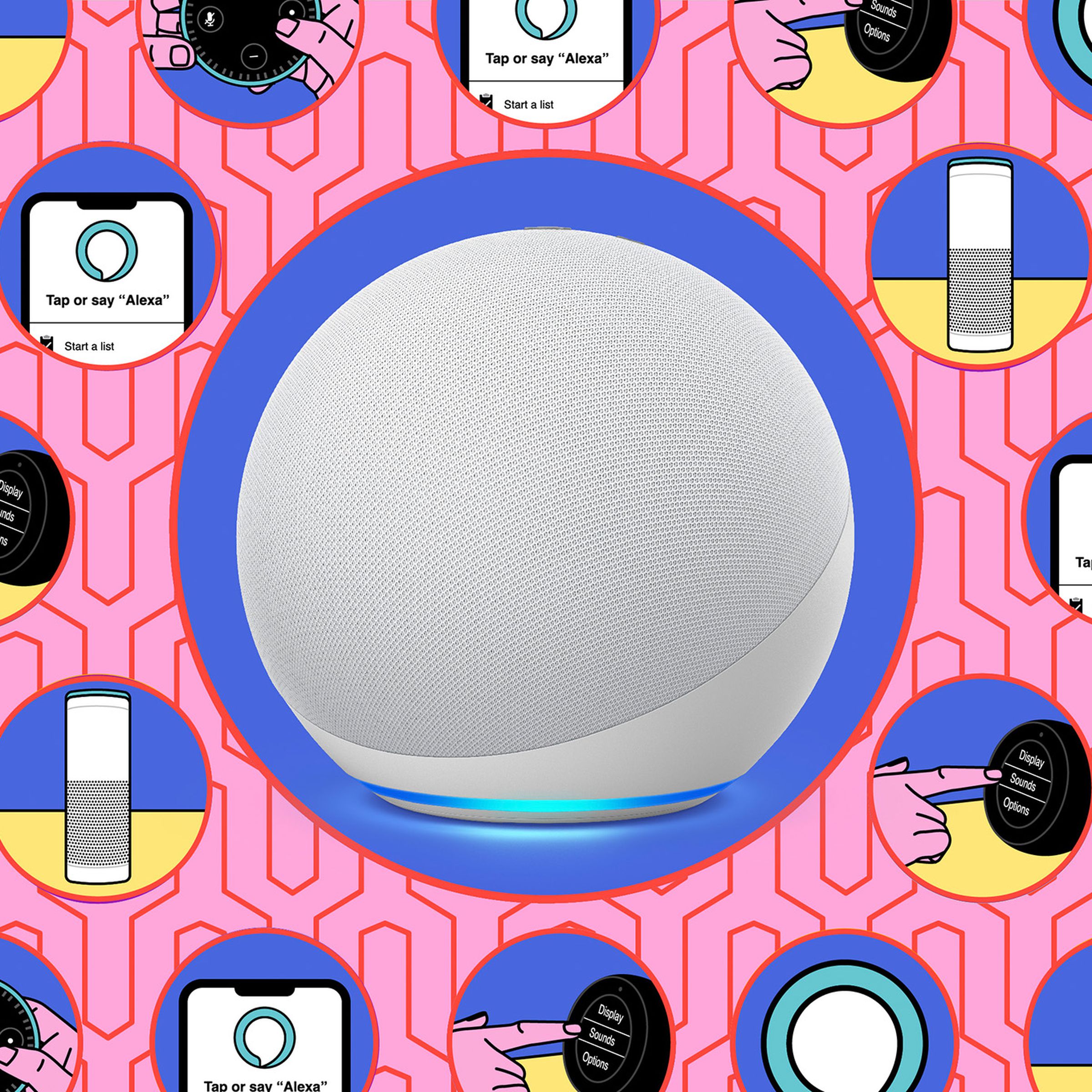 White Echo Dot surrounded by illustrations.