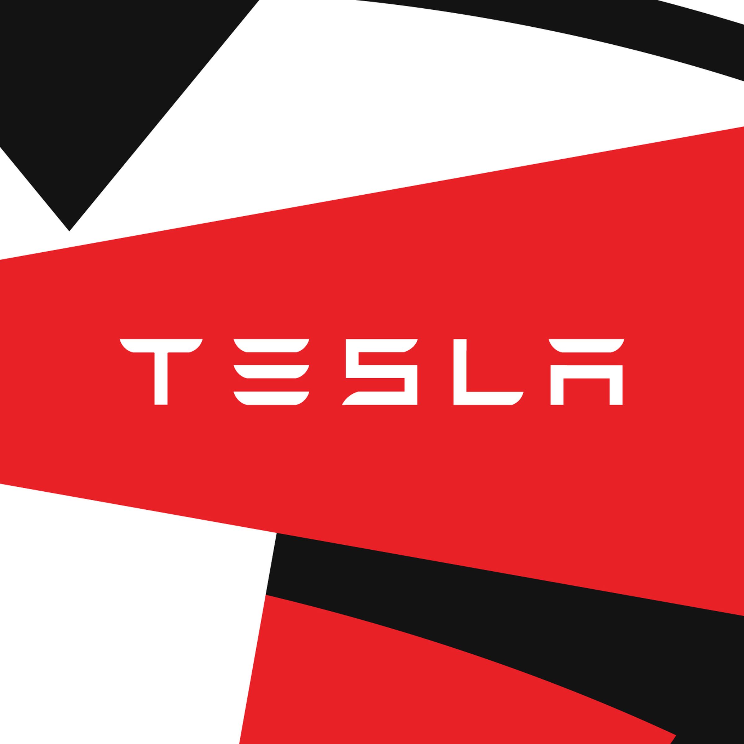 The Tesla logo on a red, black, and white background.