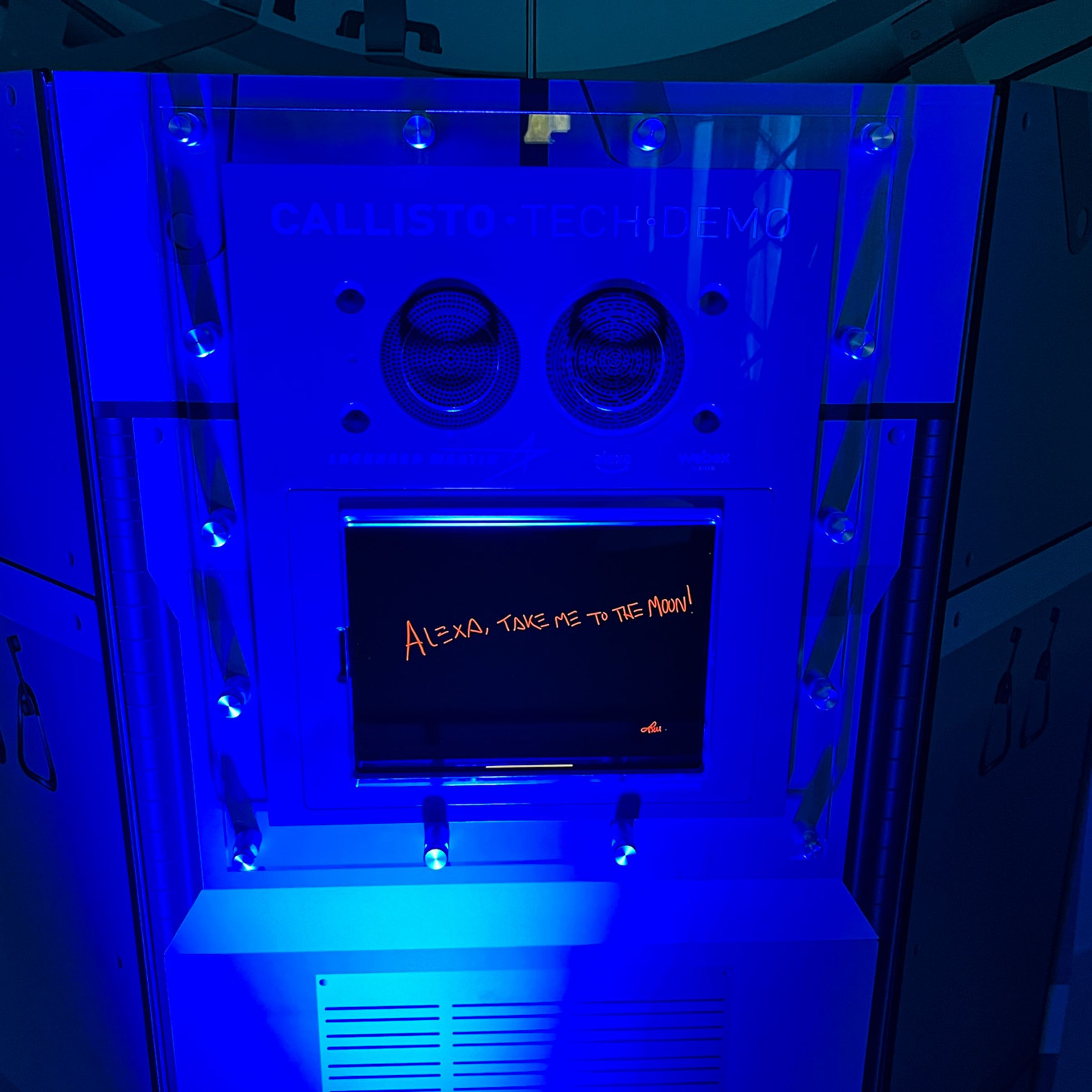 A demo version of the Callisto technology payload on the Orion. The device includes Amazon’s Alexa voice assistant and an iPad running Webex.