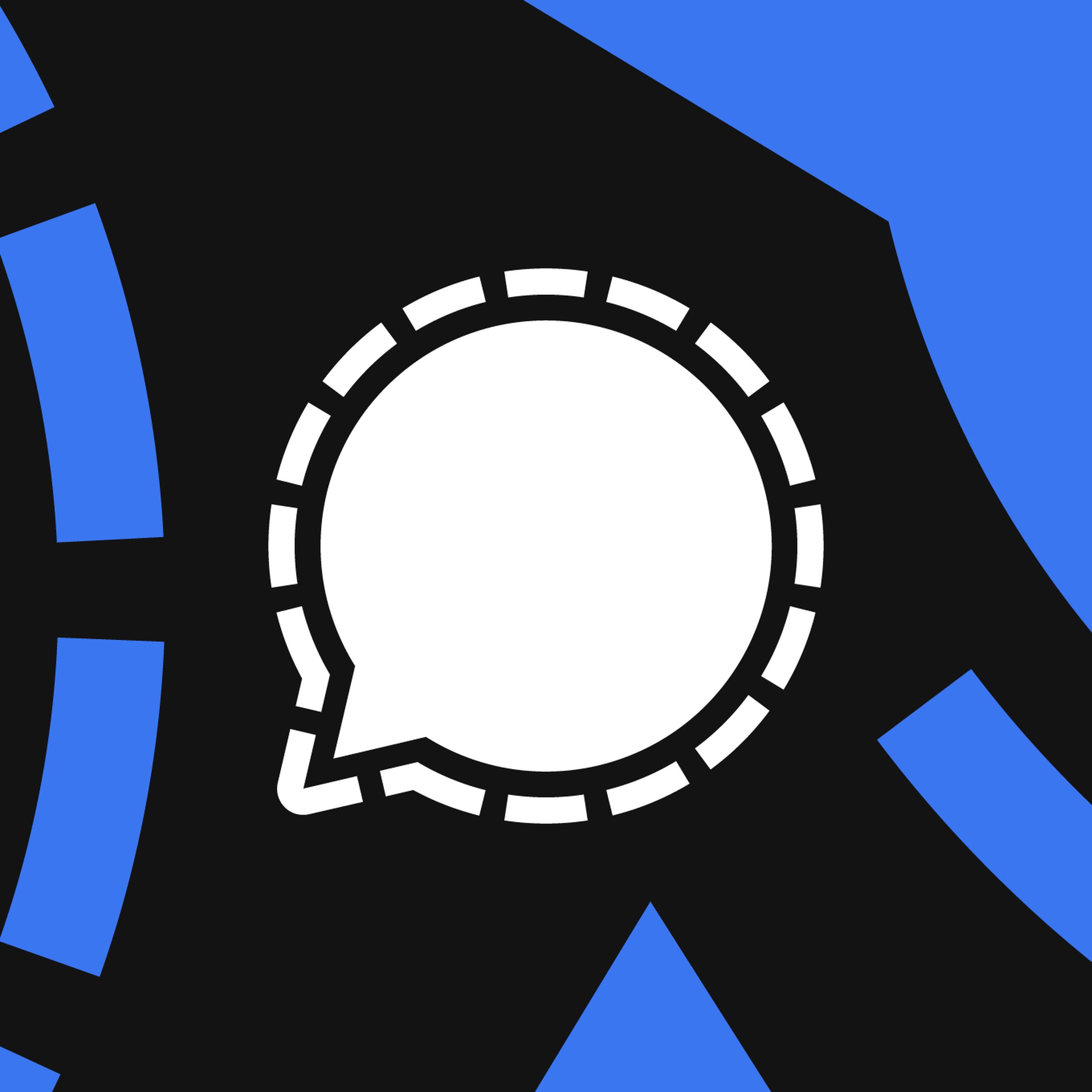 Illustration of the Signal logo: a white speech balloon with a dotted outline on a black and blue background.