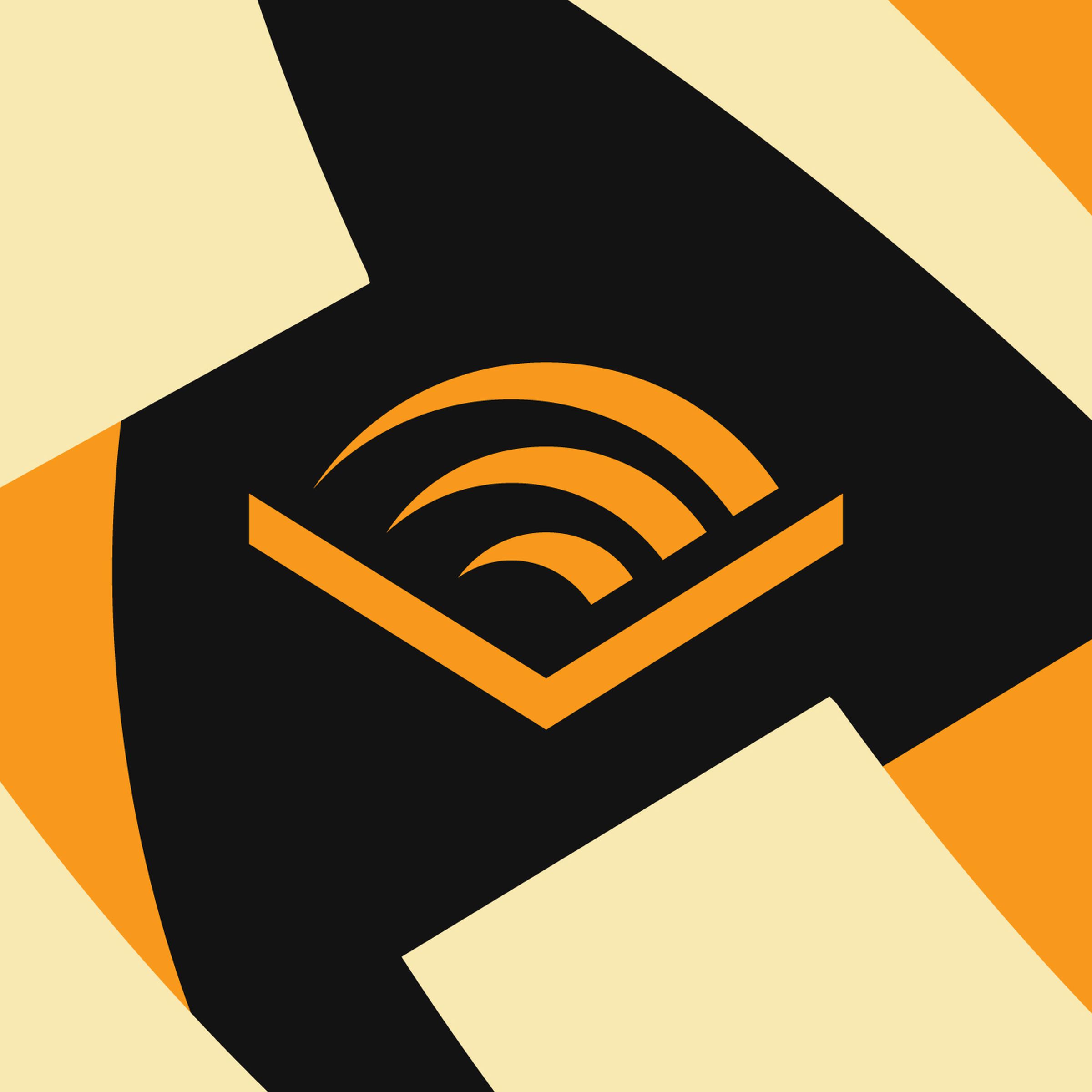 The Audible logo on a black, orange, and cream background.