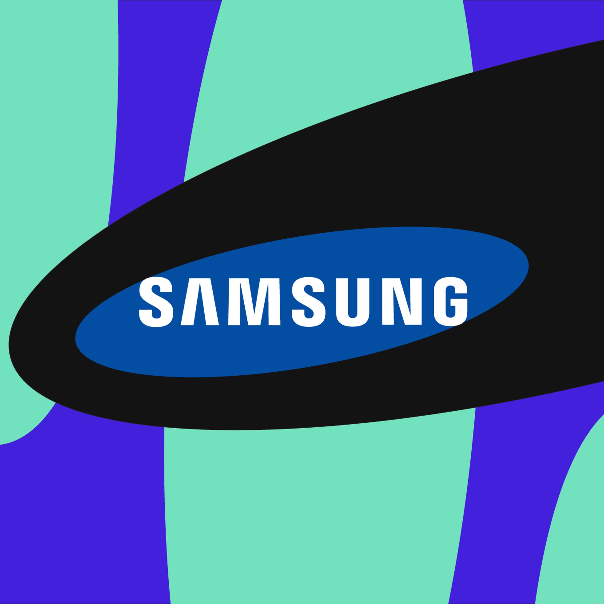 Illustration of Samsung’s logo on a black, blue, and aqua background.