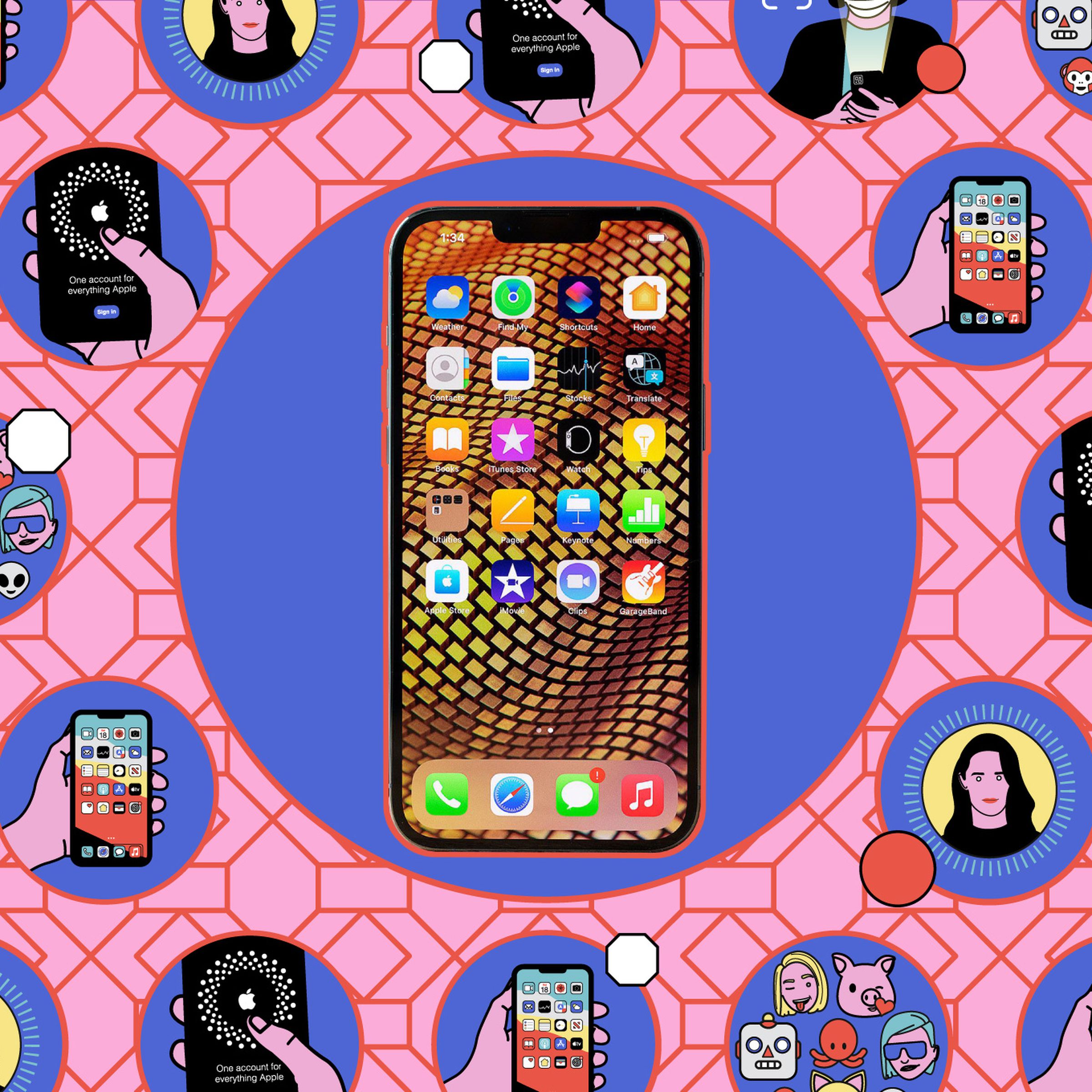 iPhone with homepage icons against an illustrated background