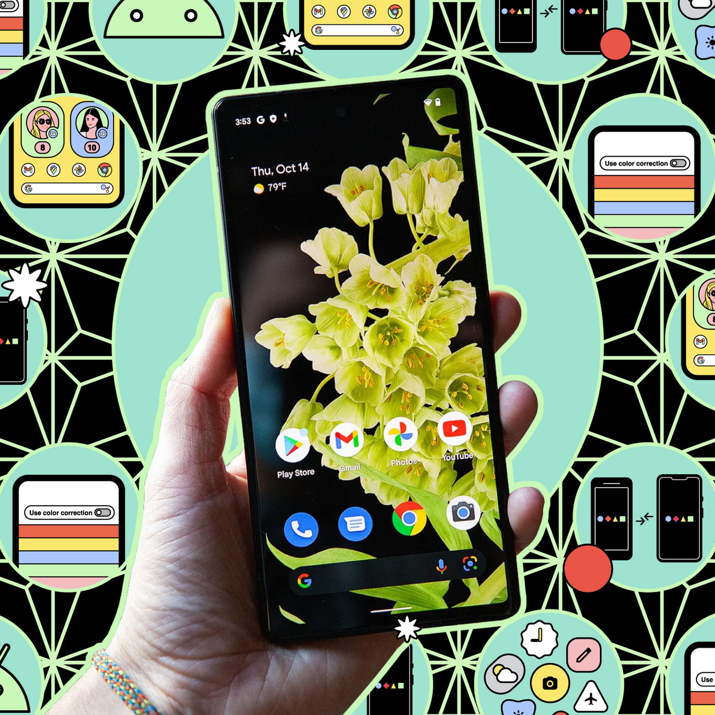 Hand holding Android phone against illustrated background
