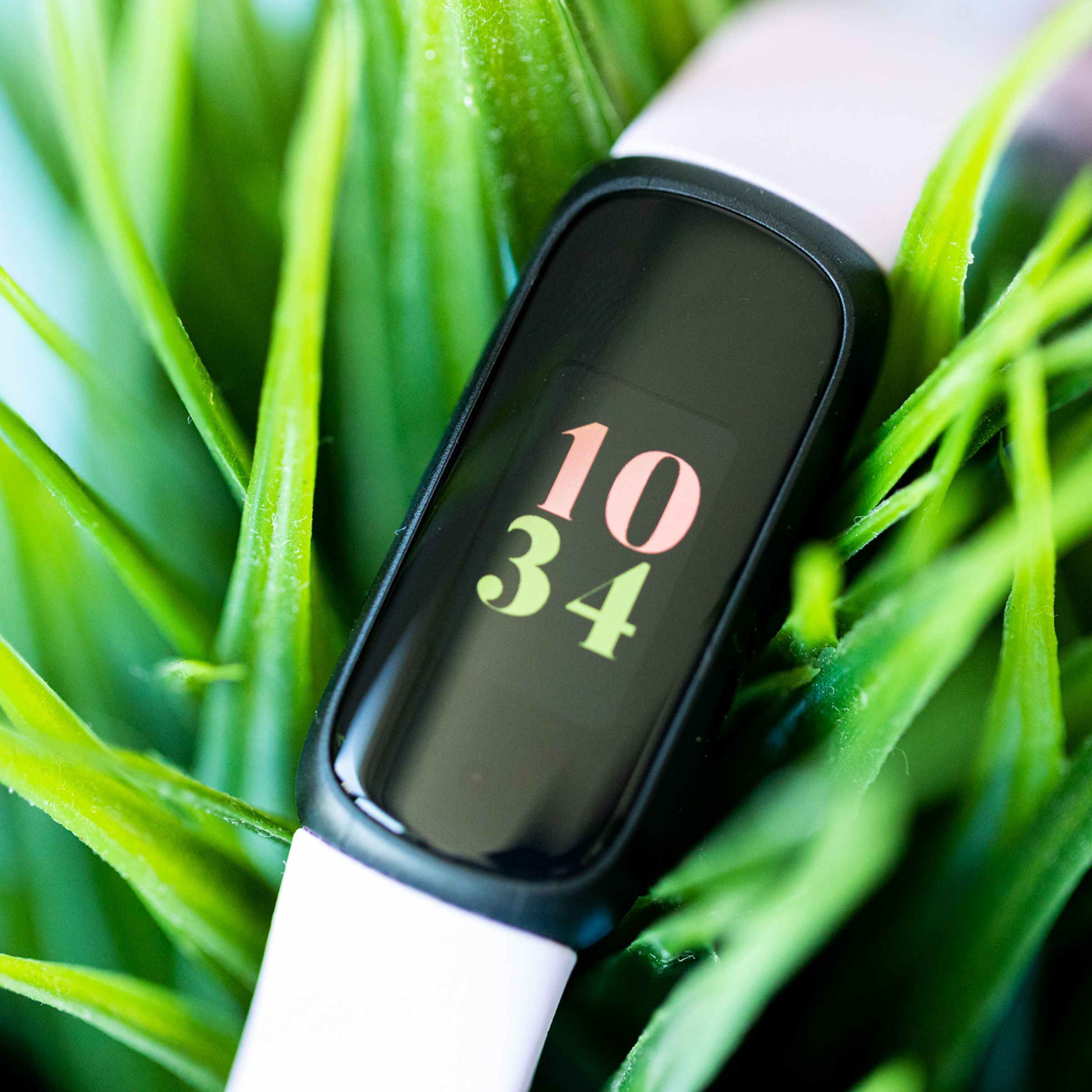 Close up of Fitbit Inspire 3 screen. The Fitbit is resting on a vibrant green plant.