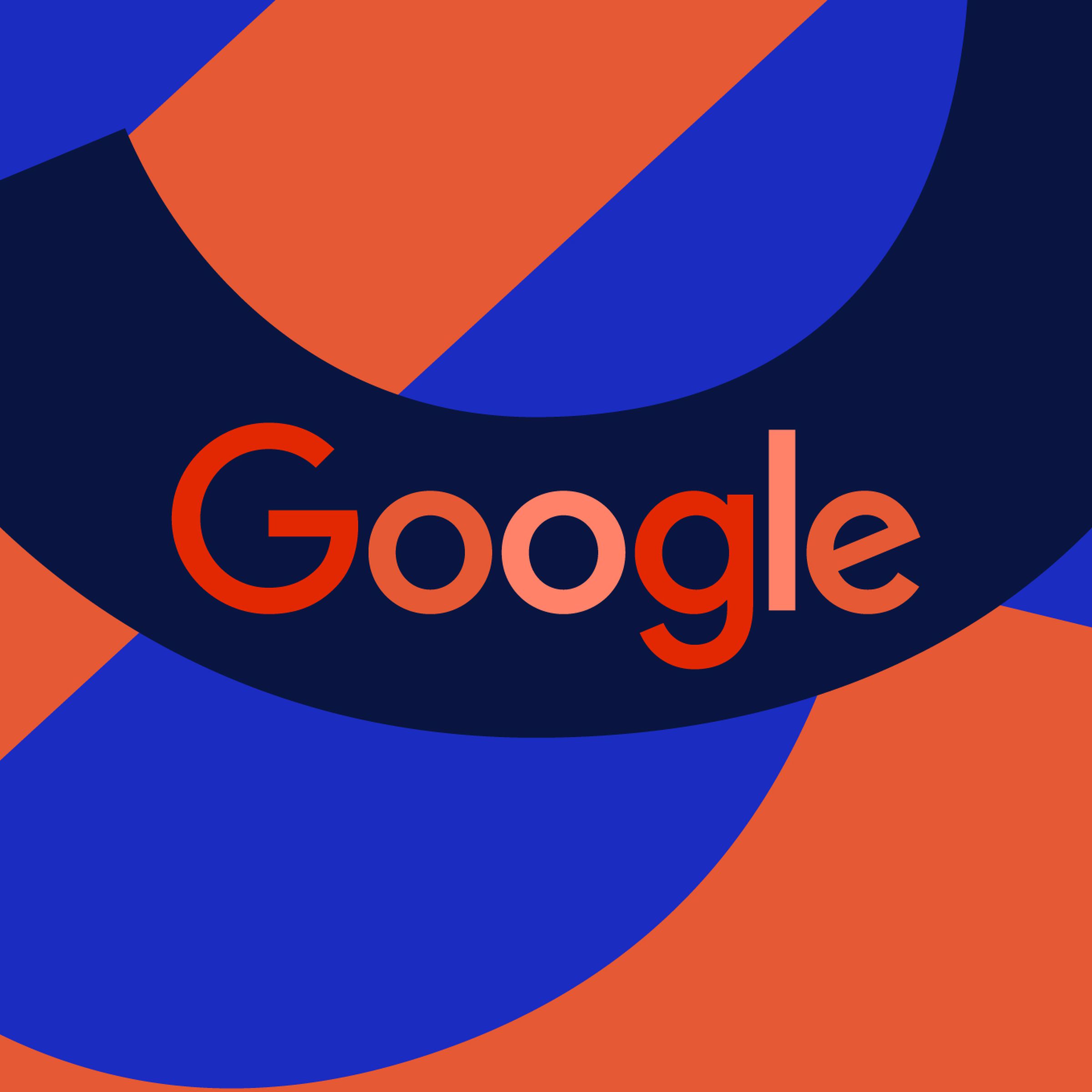 Illustration of Google’s wordmark, written in red and pink on a dark blue background.