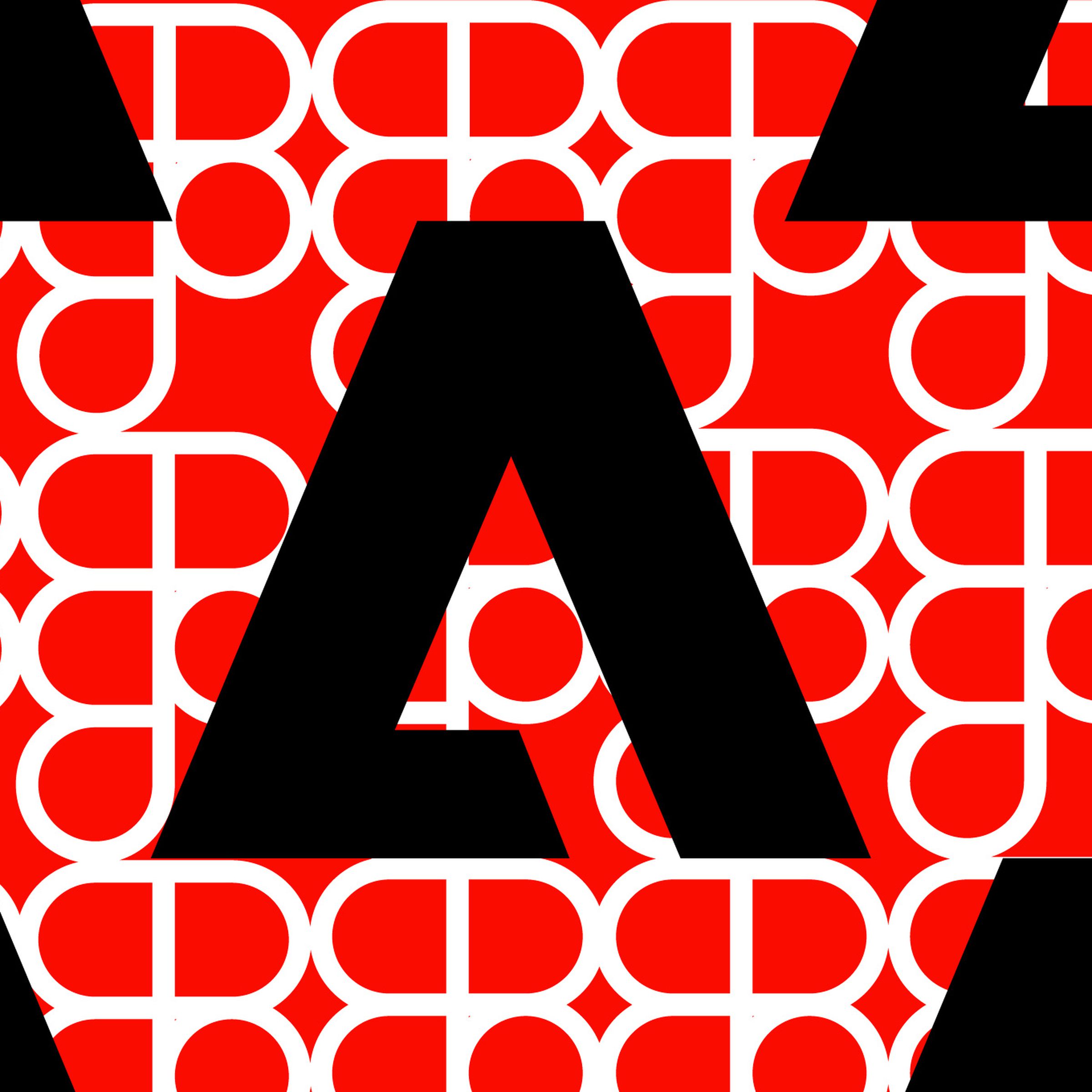 An illustration containing black Adobe logos in front of white Figma logos on a red background.