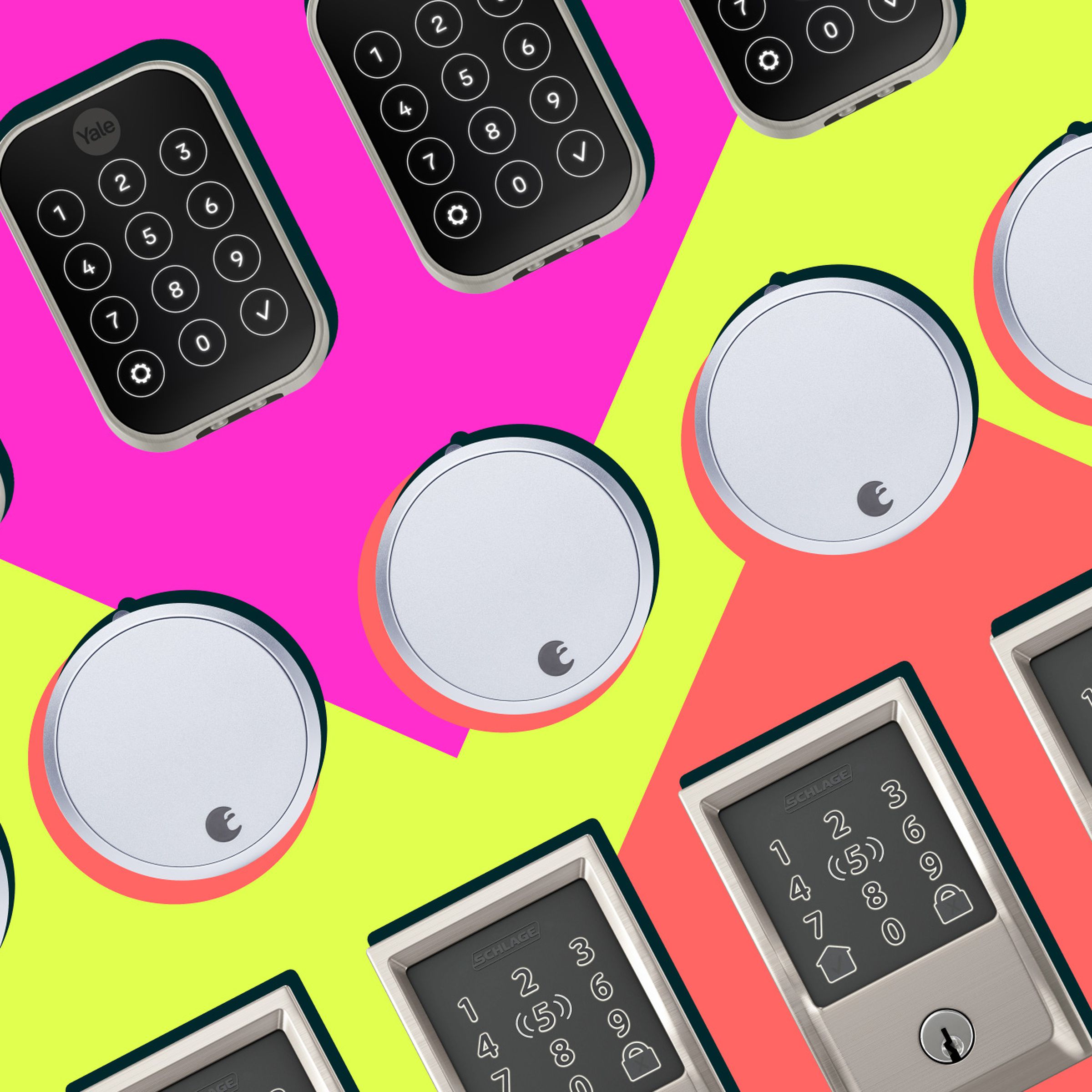 Door locks on a bright yellow, pink and orange graphic