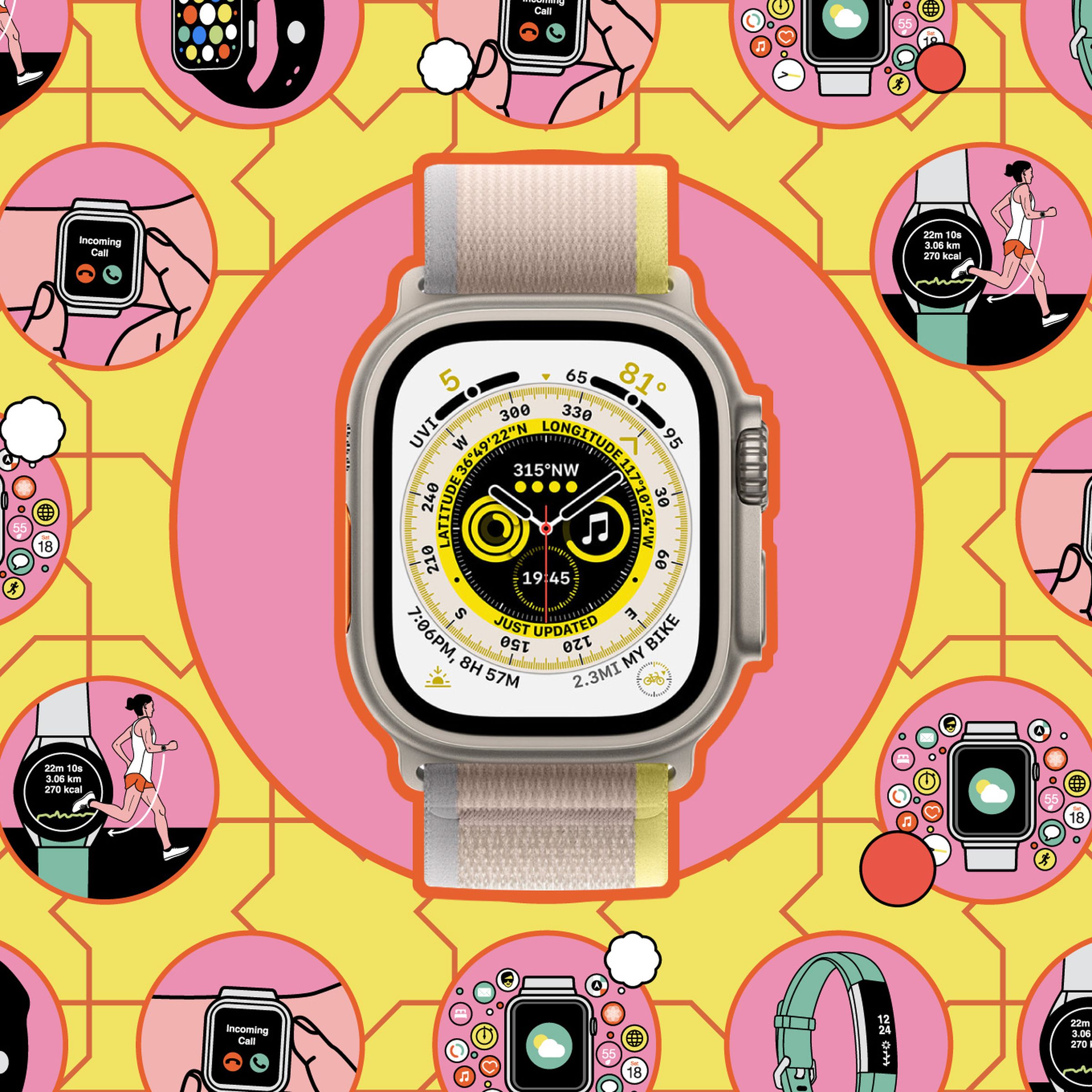 Apple Watch Ultra on top of a colorful illustration of different fitness trackers