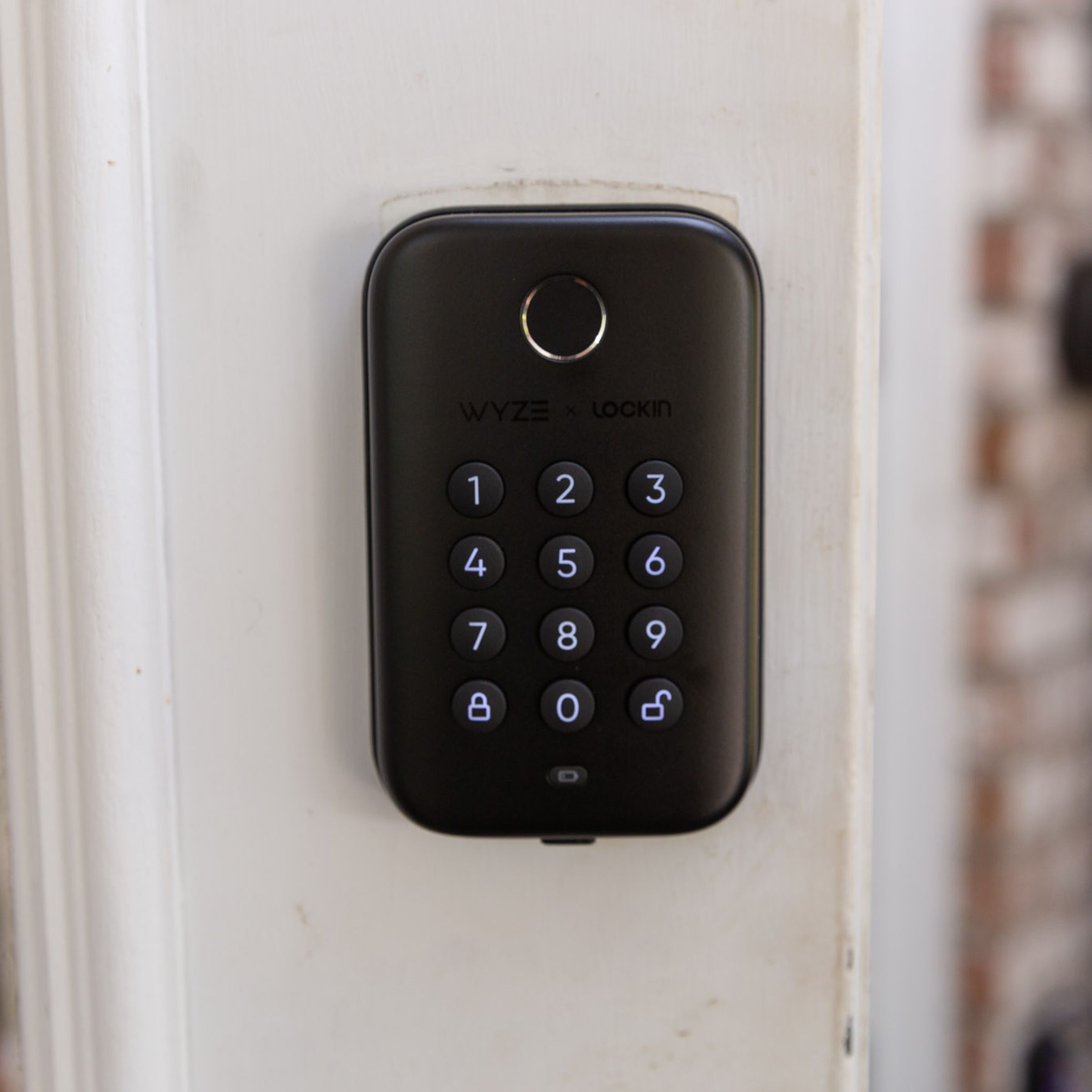 A keypad door lock on a door
