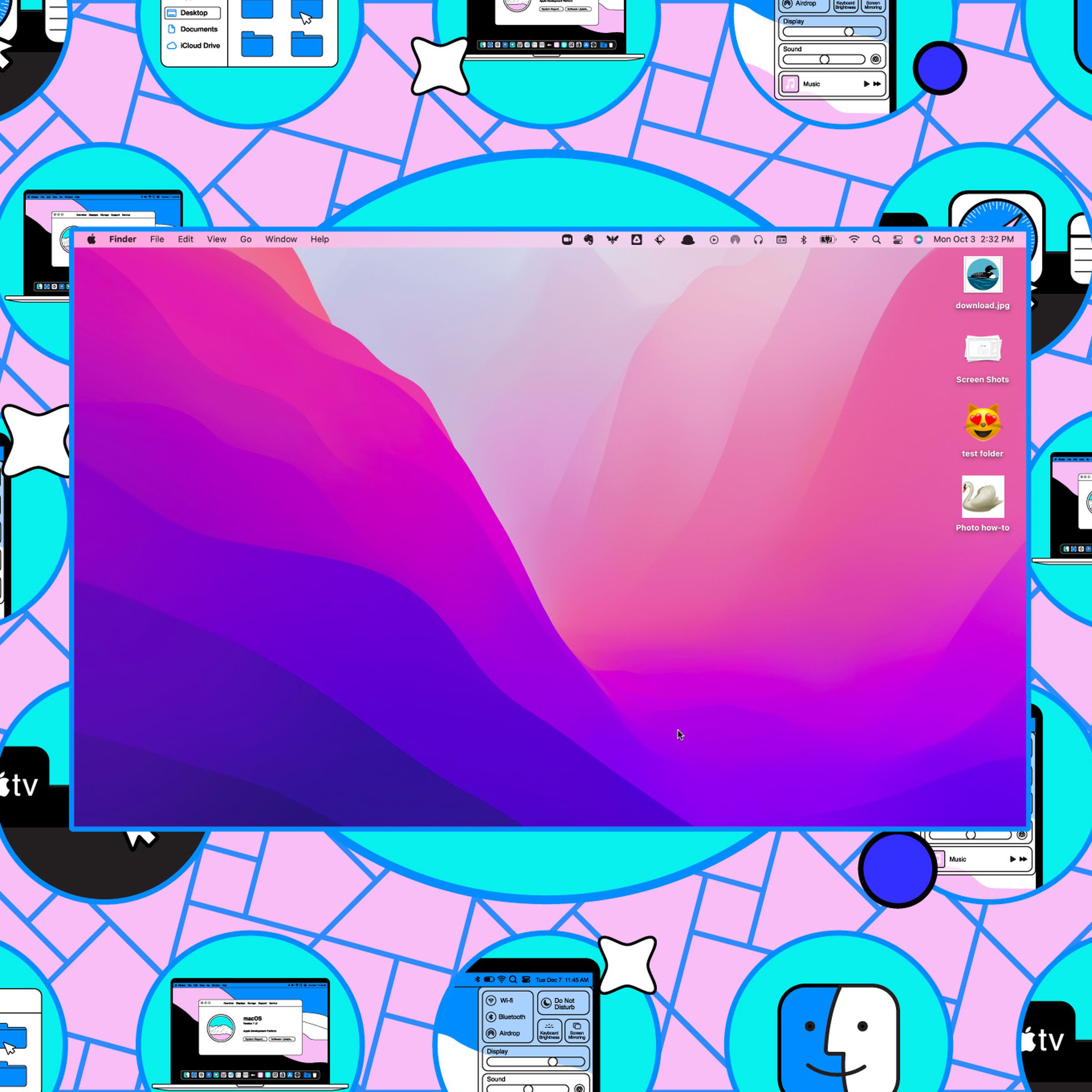 A macOS desktop over a collage of Finder, Safari and other Apple icons.