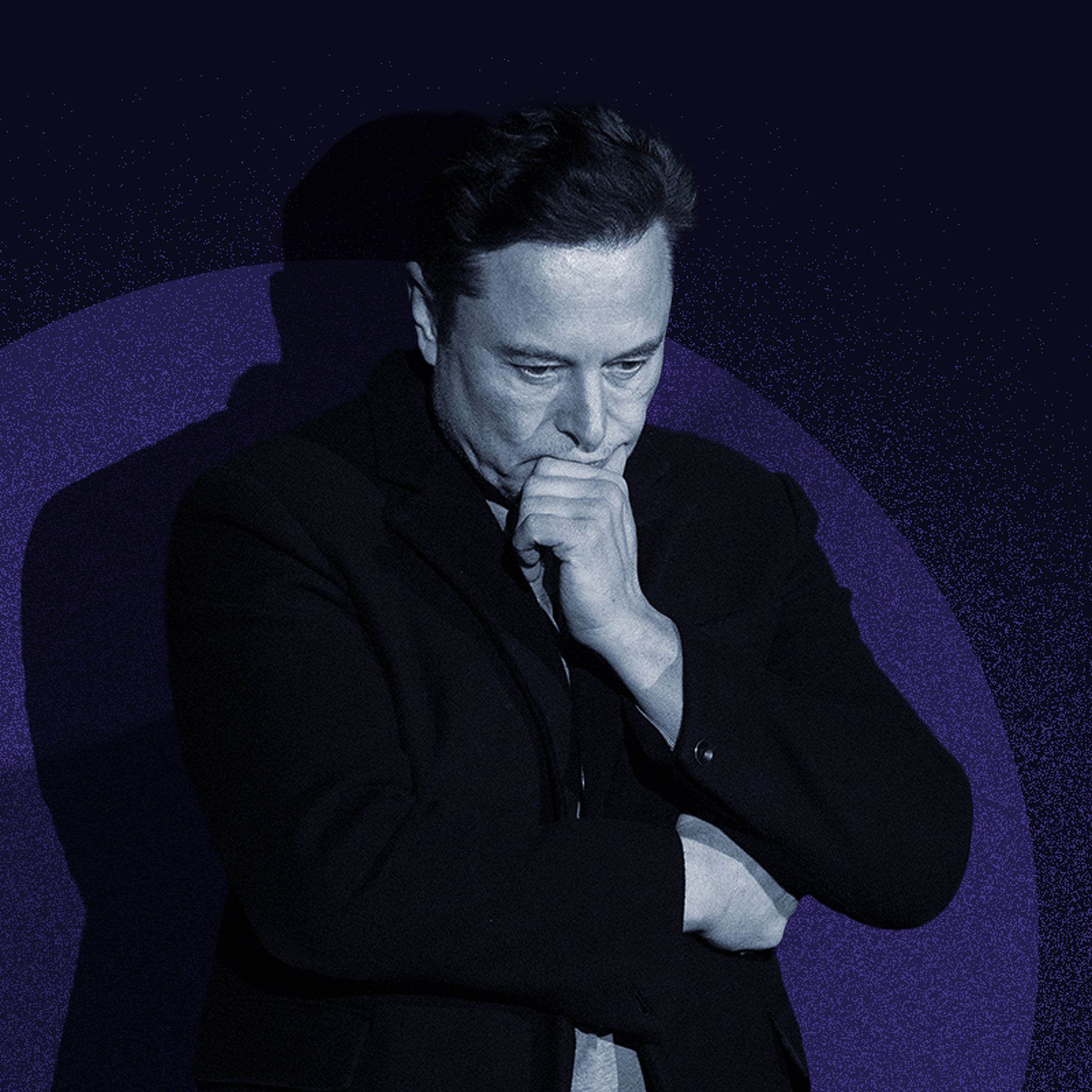 Elon Musk pontificates against a spotlight and blue background