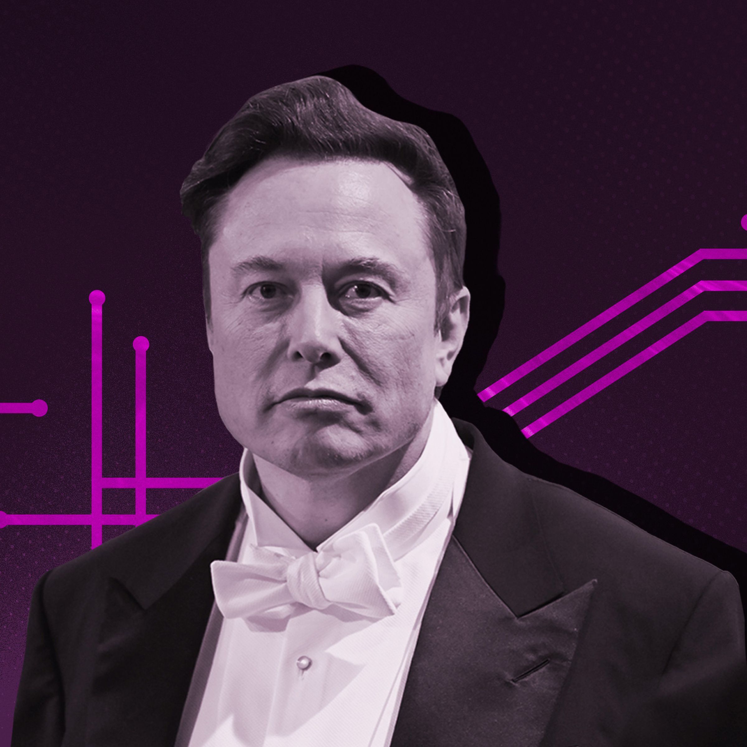 A photo of Elon Musk over a purple illustration