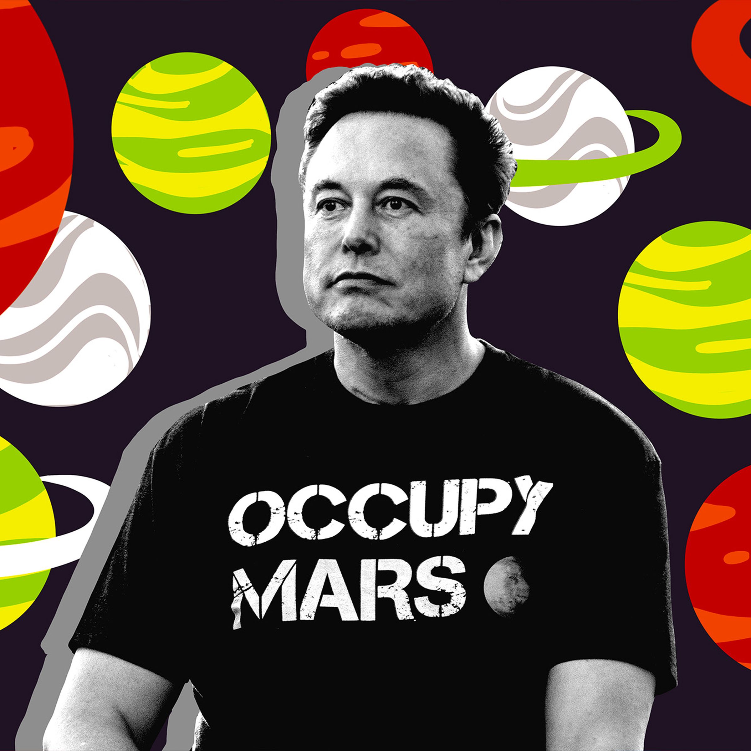 An image showing Elon Musk with illustrations of planets behind him