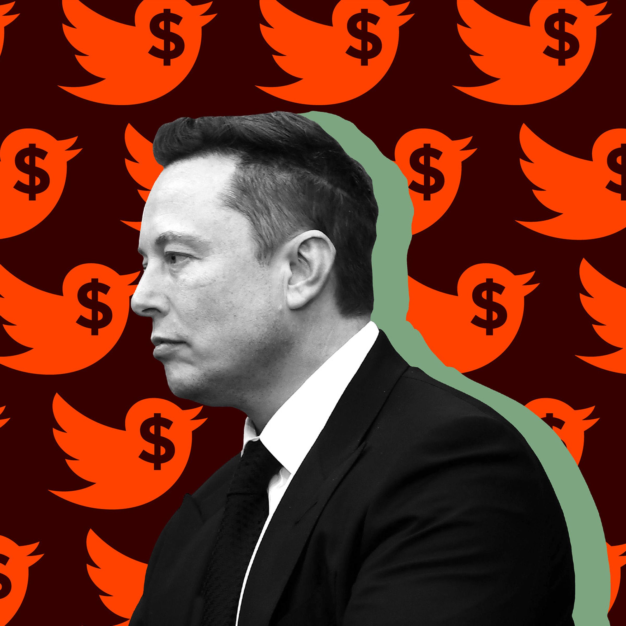 Illustration showing Elon Musk in profile, in front of Twitter logos with a dollar sign inserted in place of the bird’s eye.