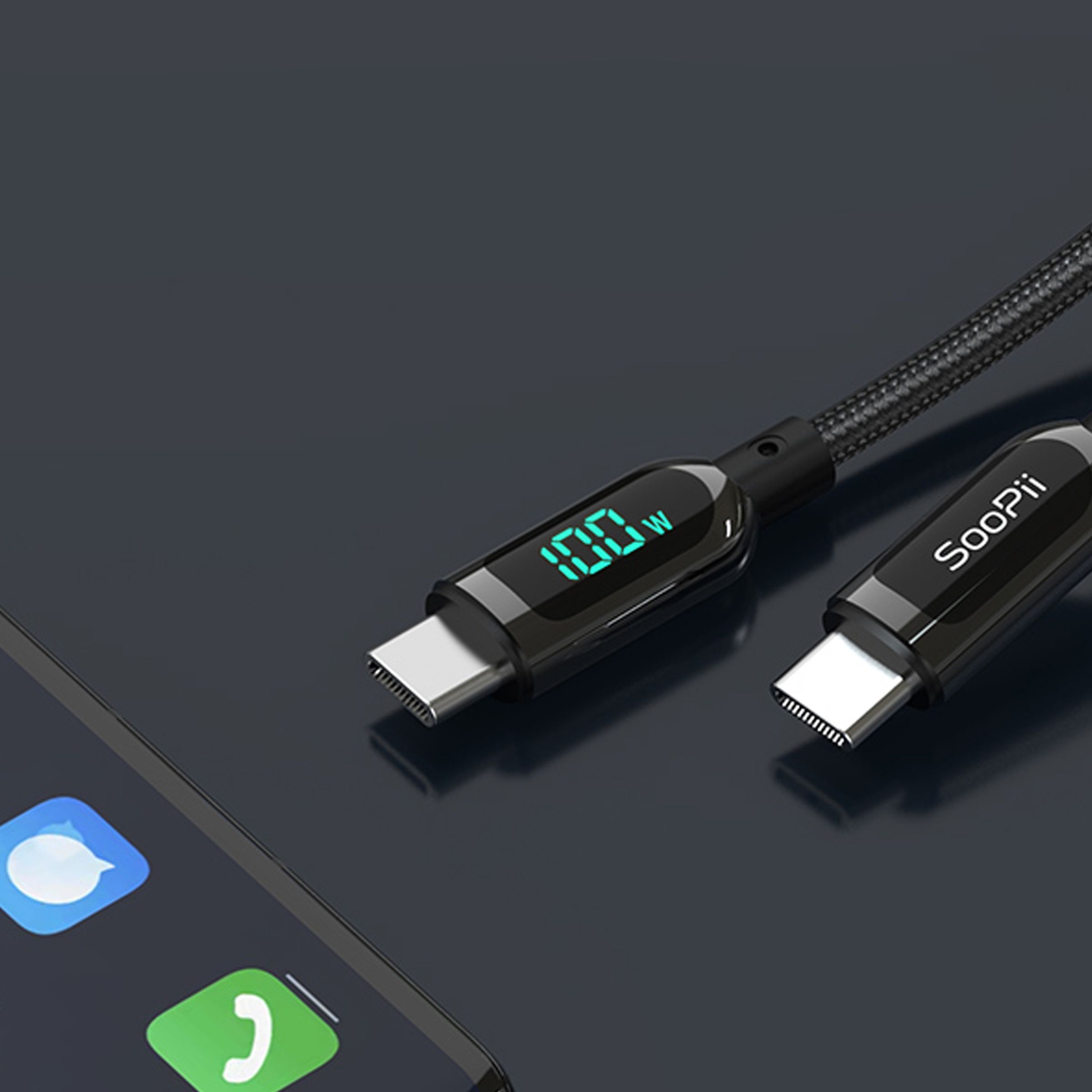 A USB-C to USB-C cable with a LED power meter built into one of its ends, about to be plugged into a phone.