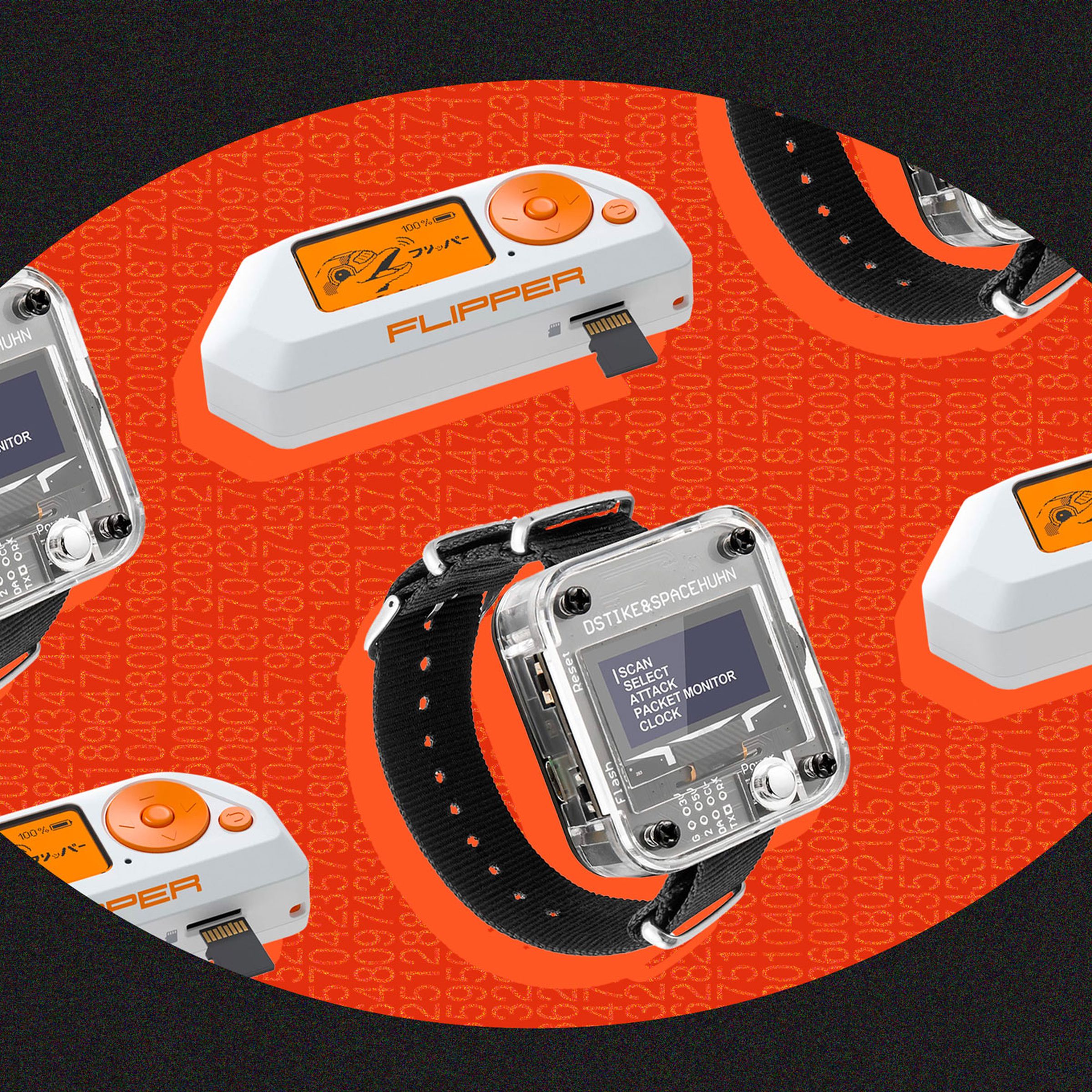 An eye-shaped opening reveals a Flipper Mini and open-hardware watch, set against an orange background.
