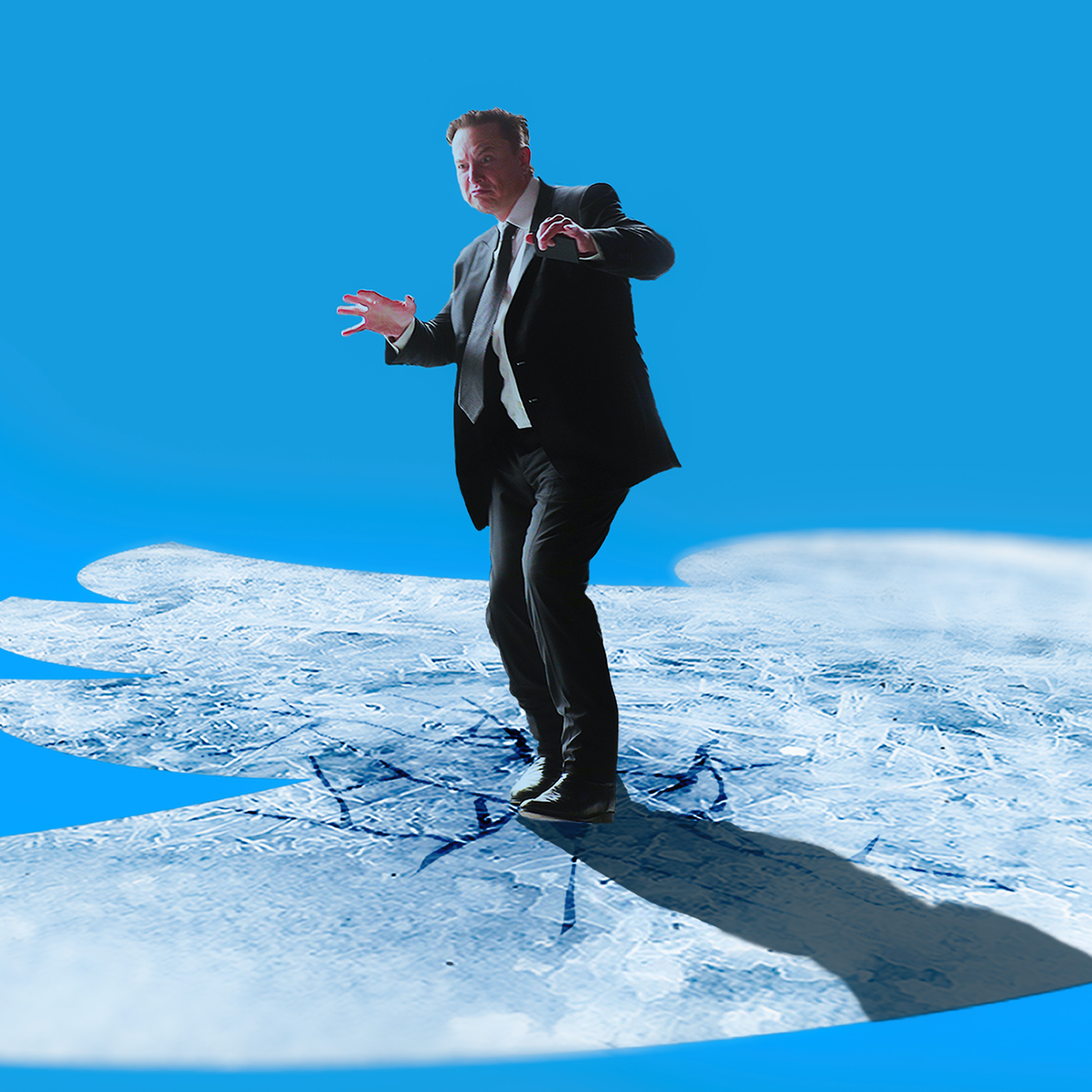 Elon Musk standing on a sheet of ice in the shape of the Twitter icon that is beginning to crack.