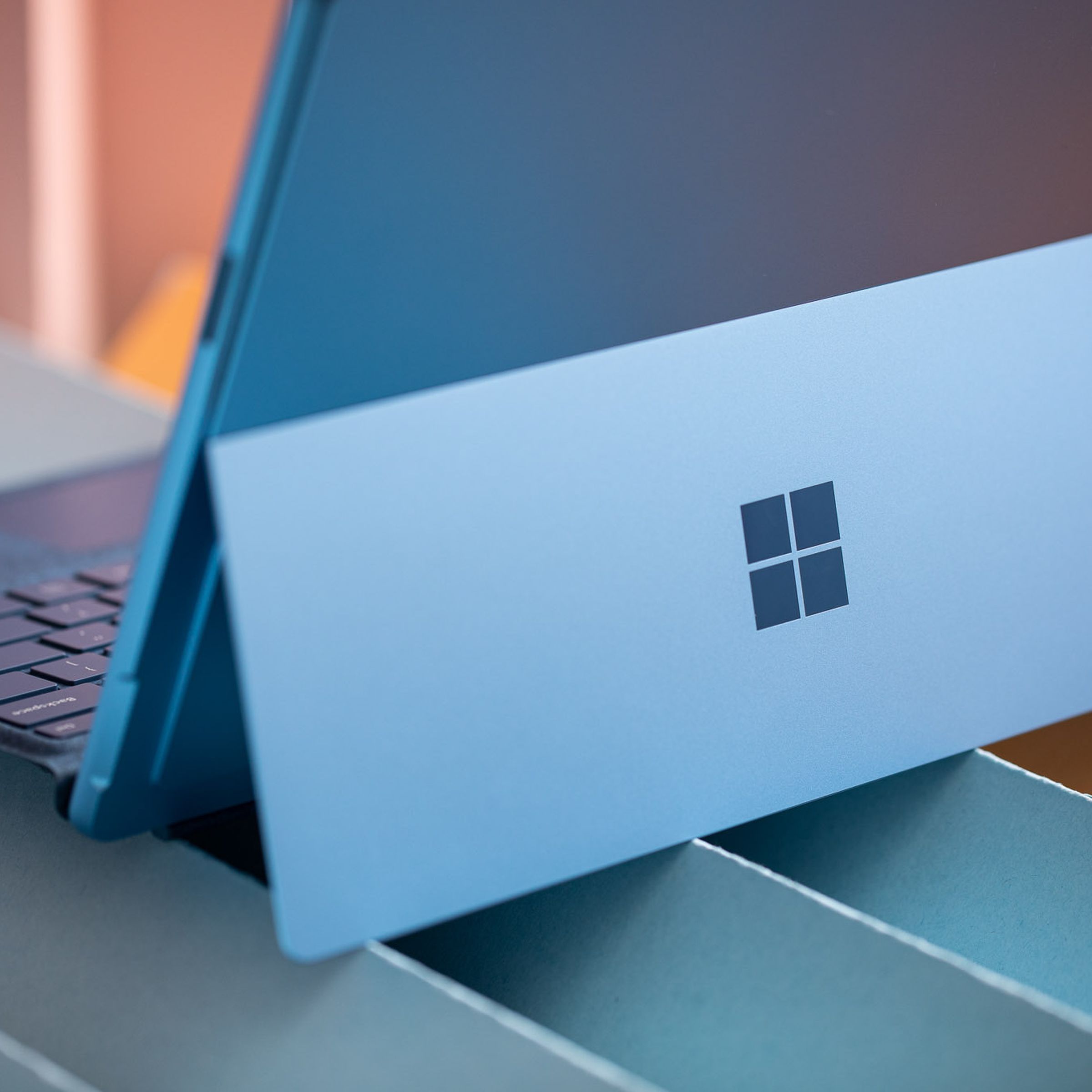The Surface Pro 9 in laptop mode seen from beind.