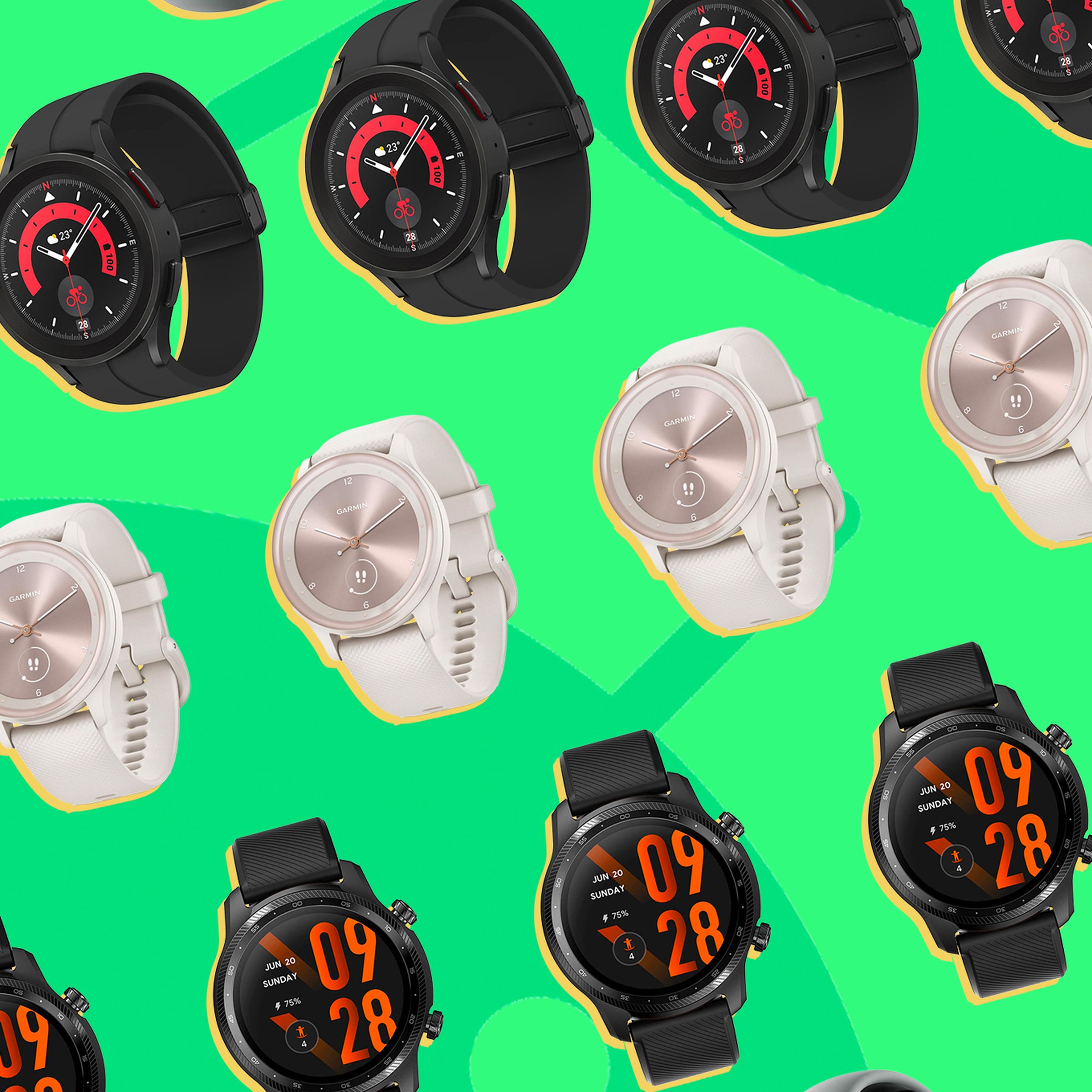 Renders of various Android compatible smartwatches on a green background