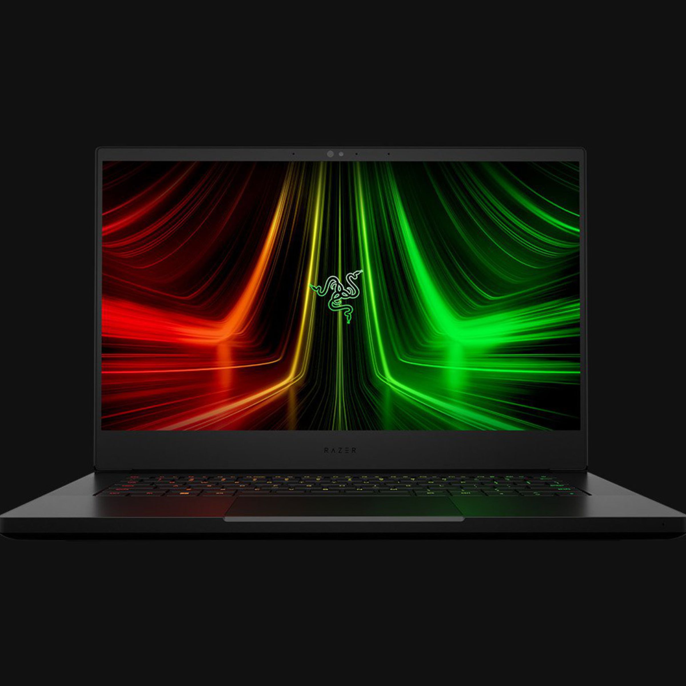 The Razer Blade 14 gaming laptop sits in a black space, opened to the view to show off its 14-inch screen.