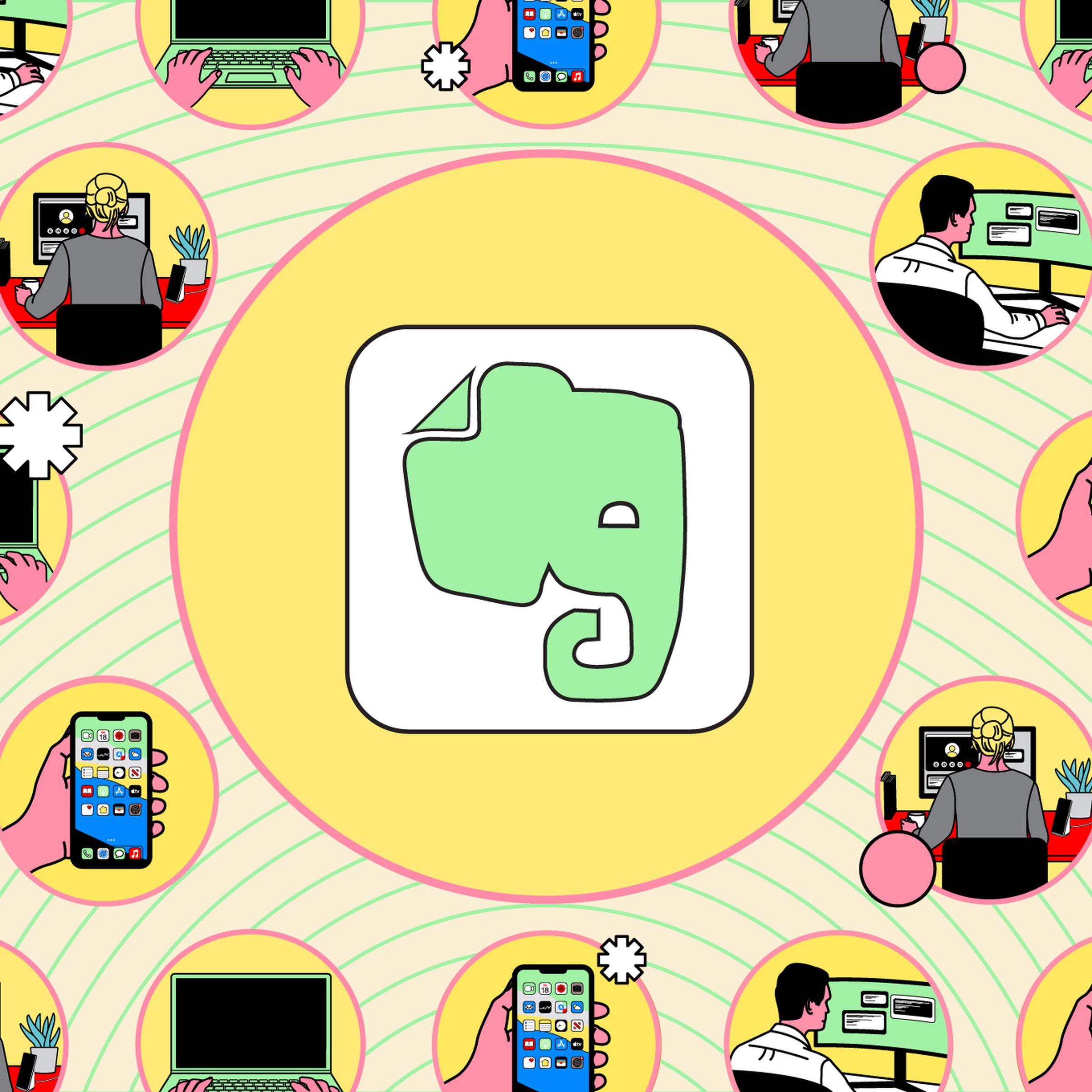 Green elephant head within illustrated background.