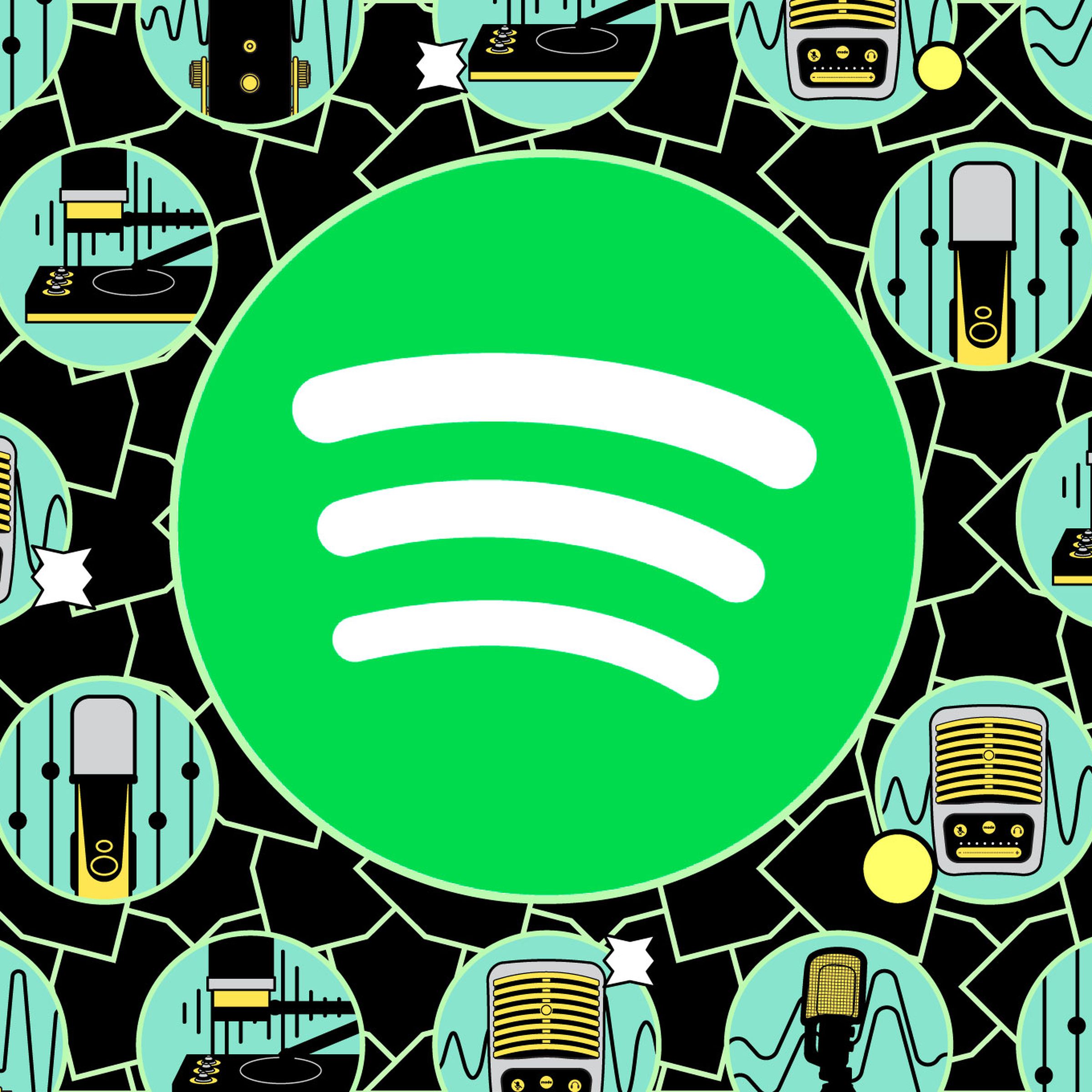 Spotify logo against an illustrated background with round circle representing audio stuff.