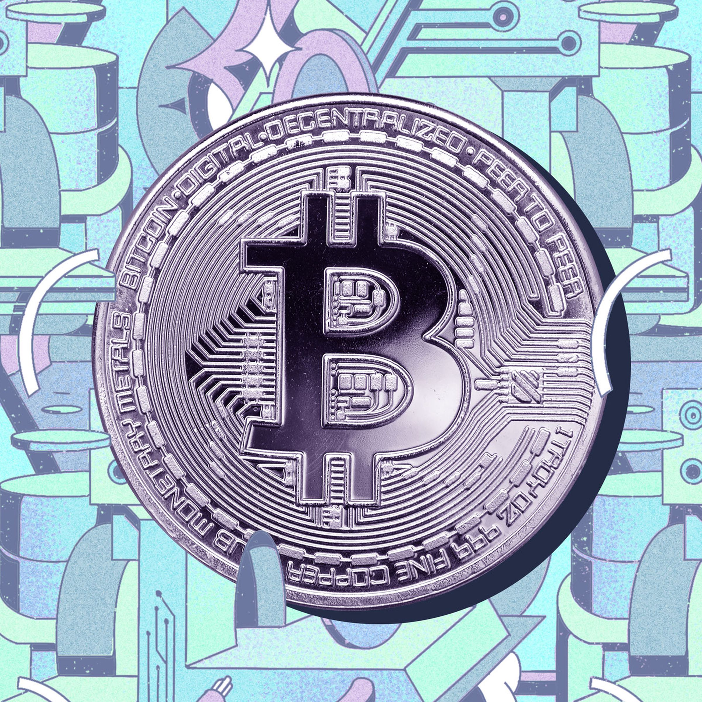 A cartoon image of a Bitcoin, superimposed on a background of shapes