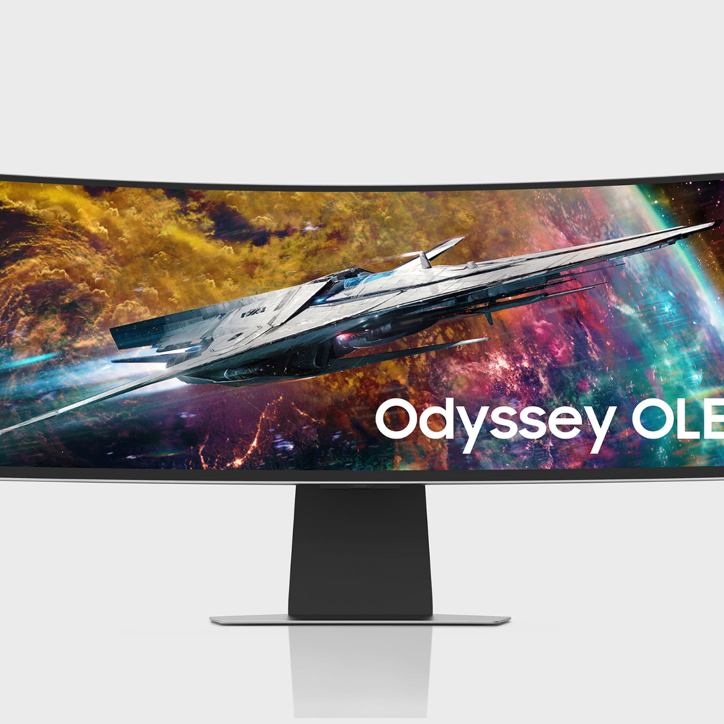 Samsung Odyssey G95SC OLED gaming monitor showing a spaceship.