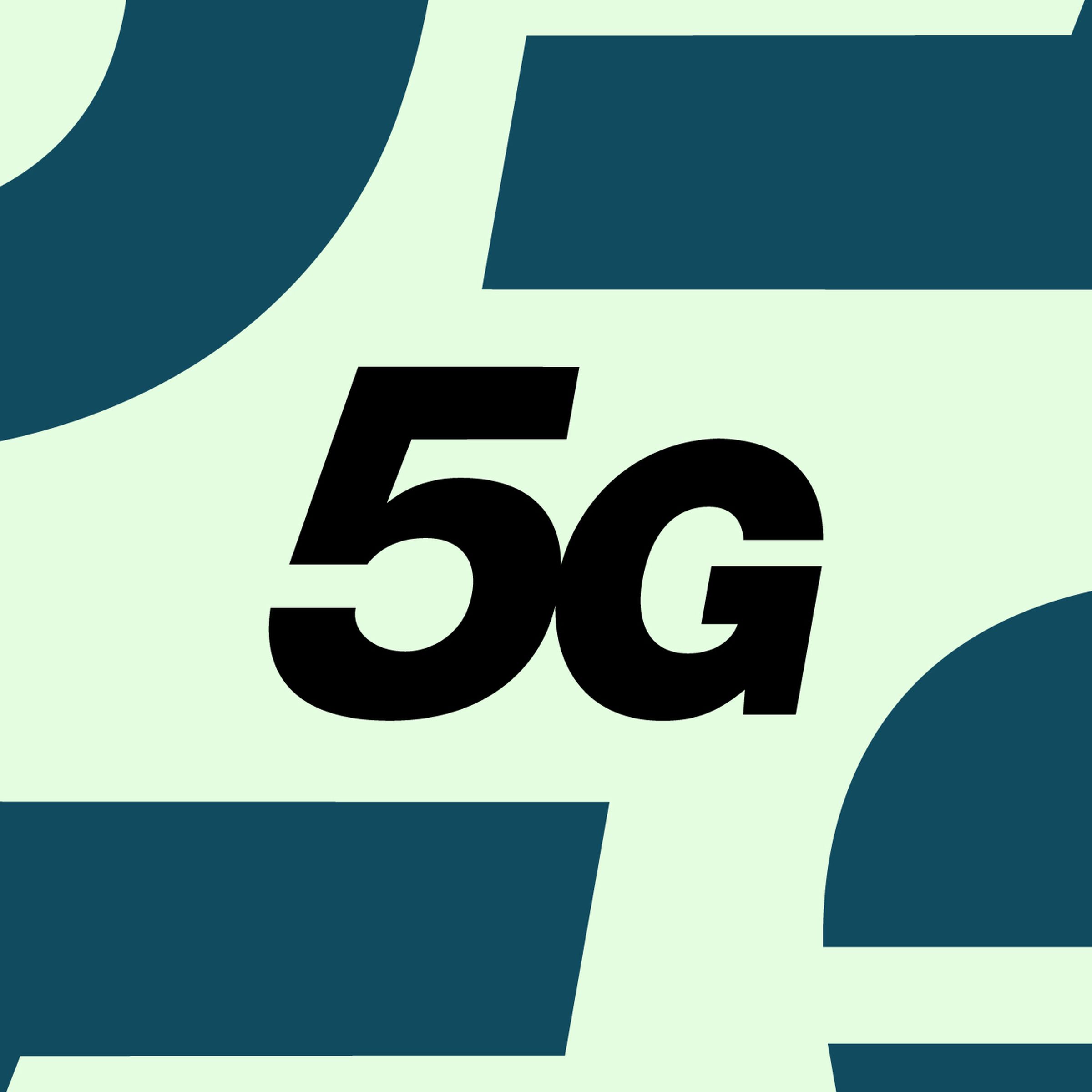 5G logo on an illustrated blue and green background.