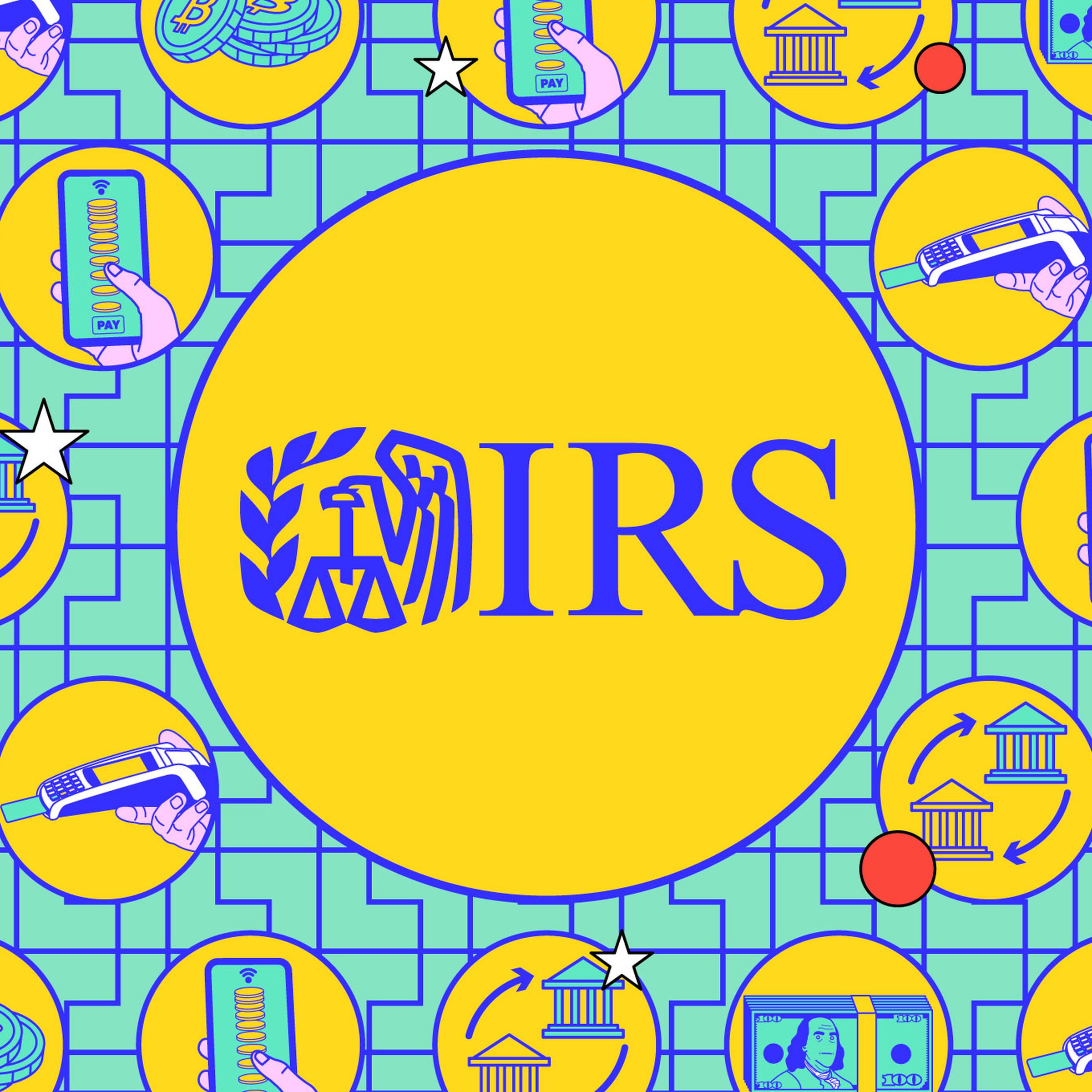 Colorful image of the IRS logo with several small images surrounding of smartphones and financial-themed drawings.