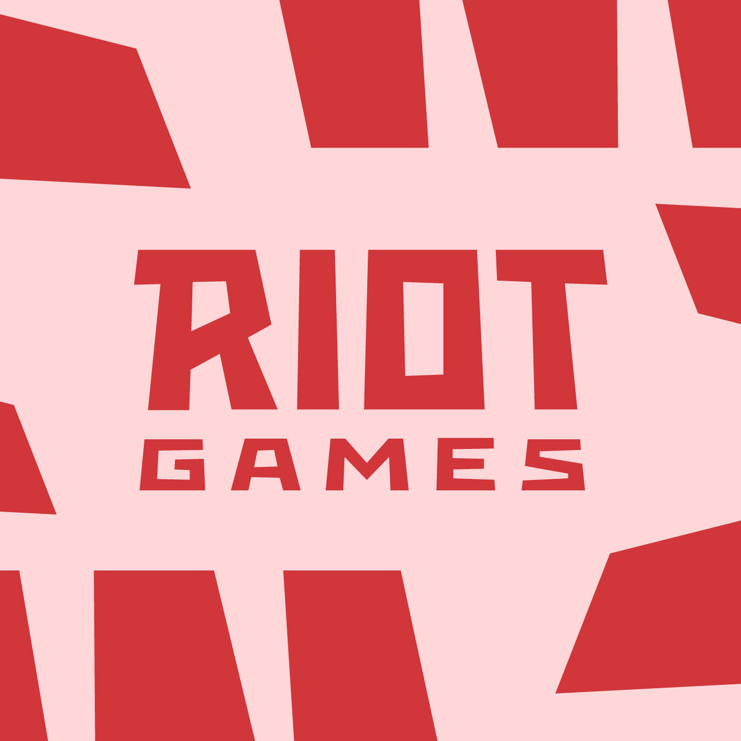 The Riot Games logo on a pink background, surrounded by red blocky shapes.
