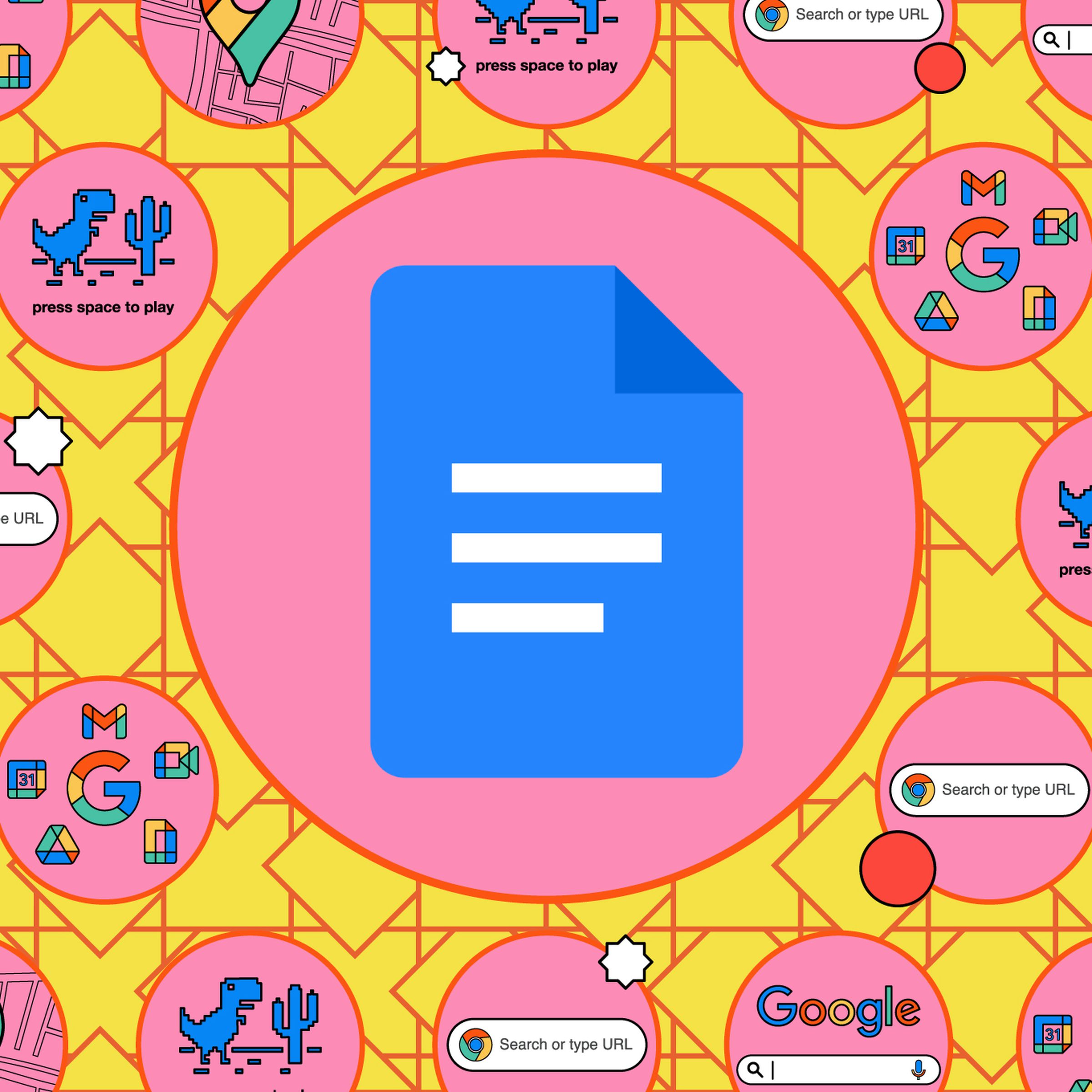 Google Docs icon inside of a pink circle and surrounded by small illustrations.