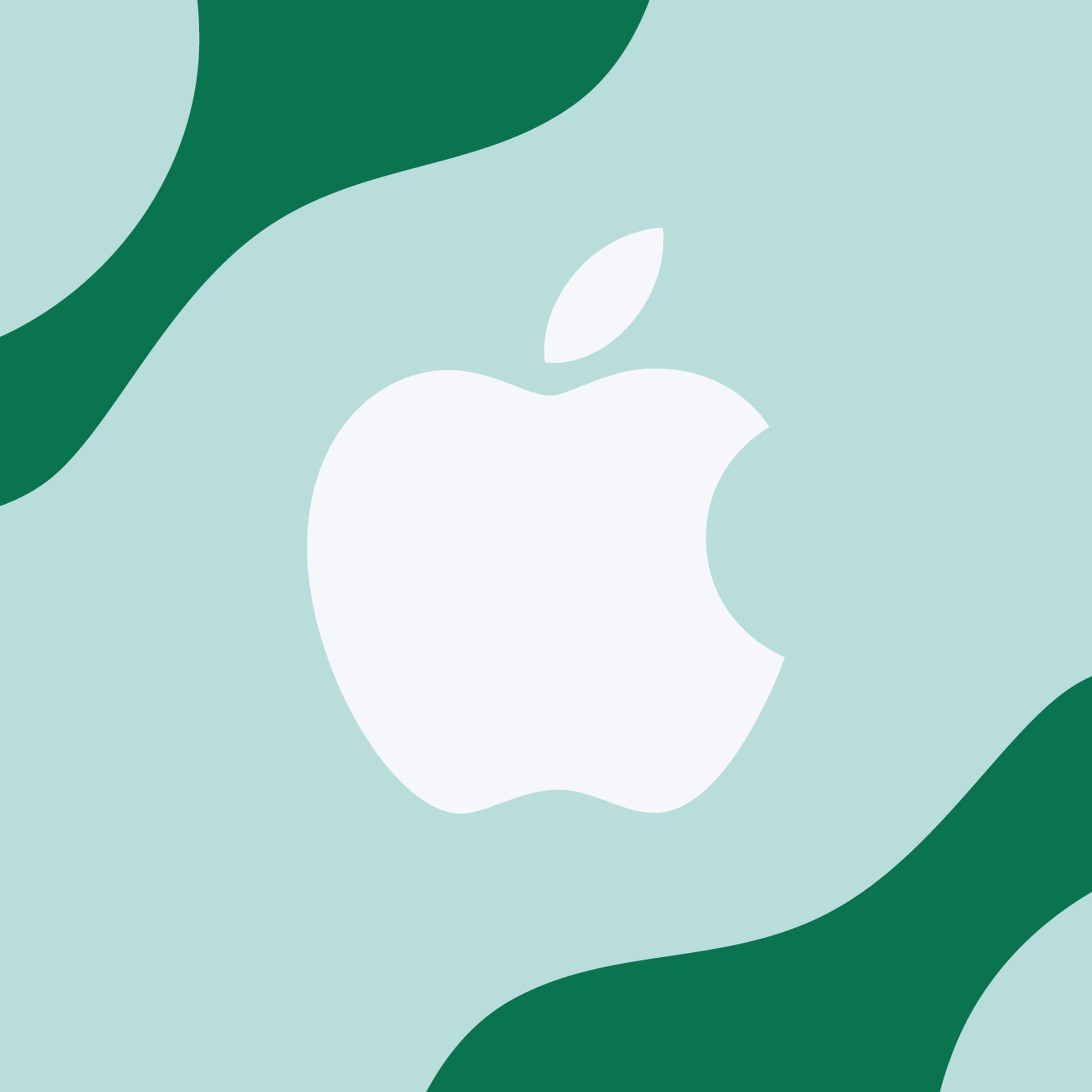 Illustration of the Apple logo on a light and dark green background.