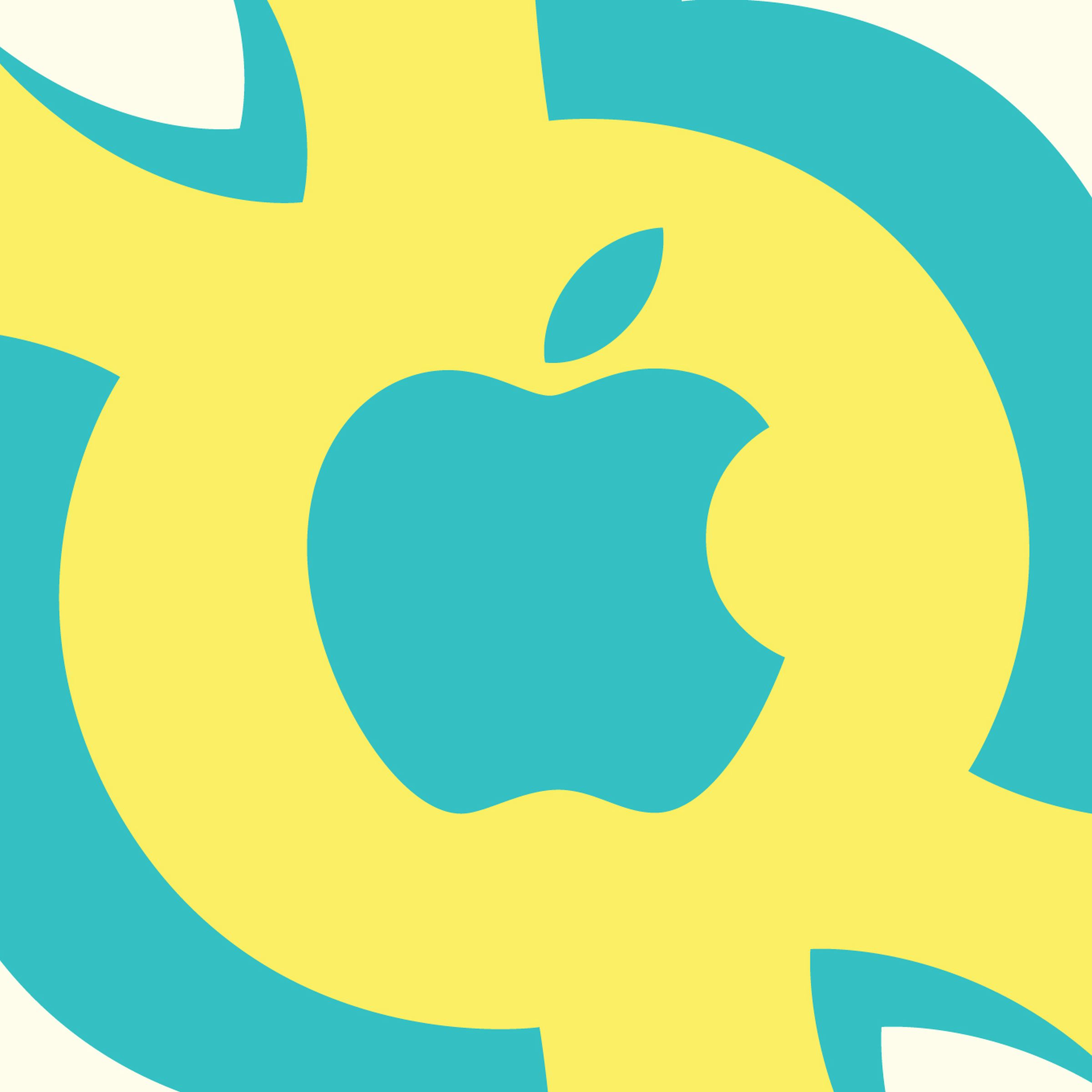 Illustration of the Apple logo on a yellow and teal background.