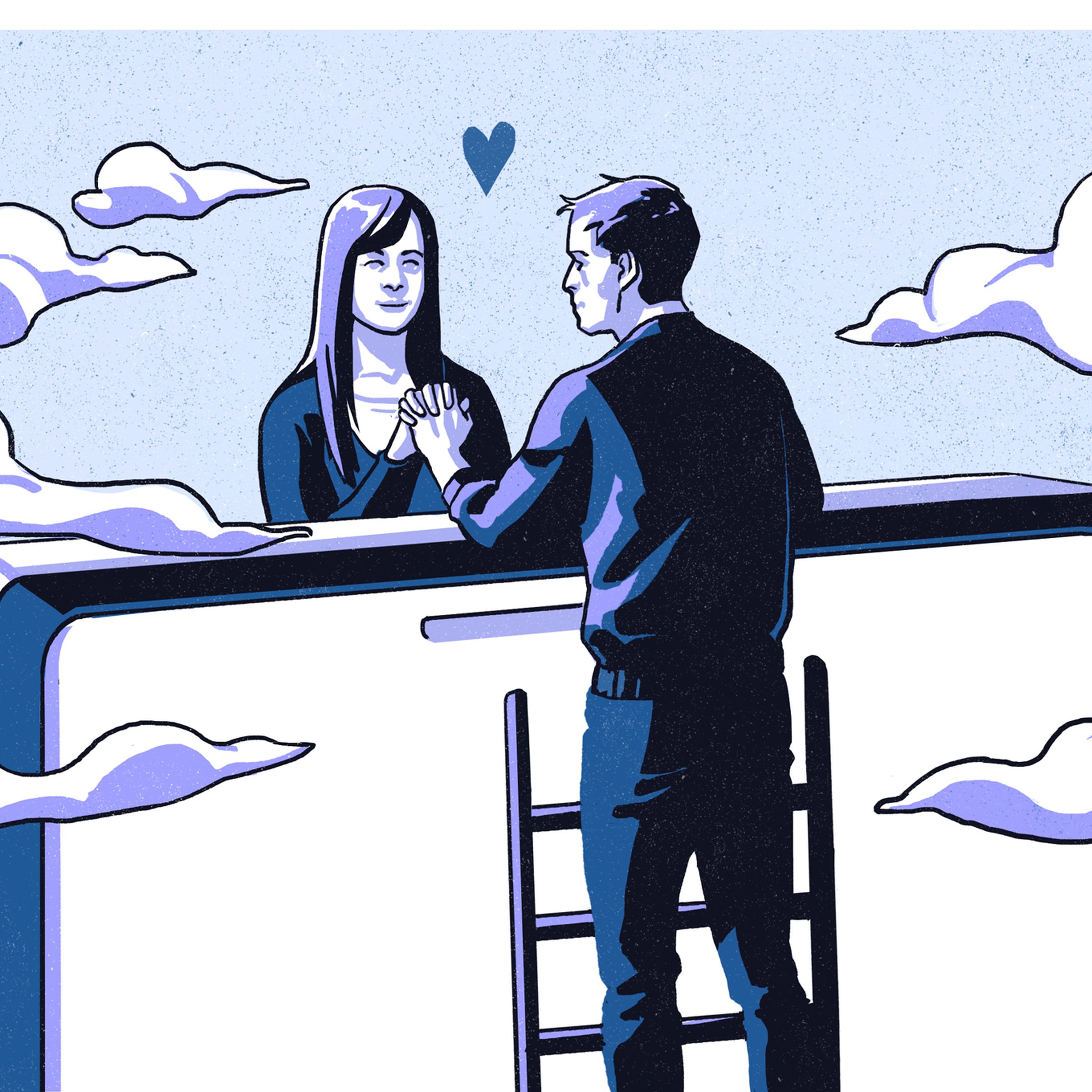 An illustration of two people meeting each other around a giant phone.