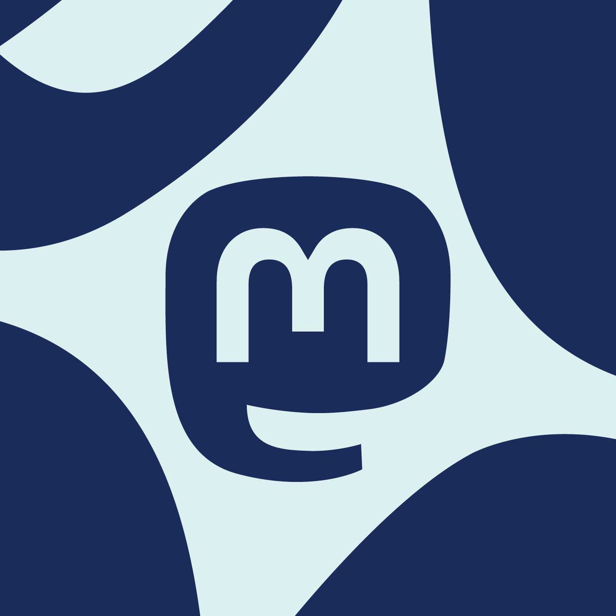 Dark blue Mastodon logo on a light blue background, centered with four small, dark blue pieces of the logo spread around it in different orientations in the four corners of the image.