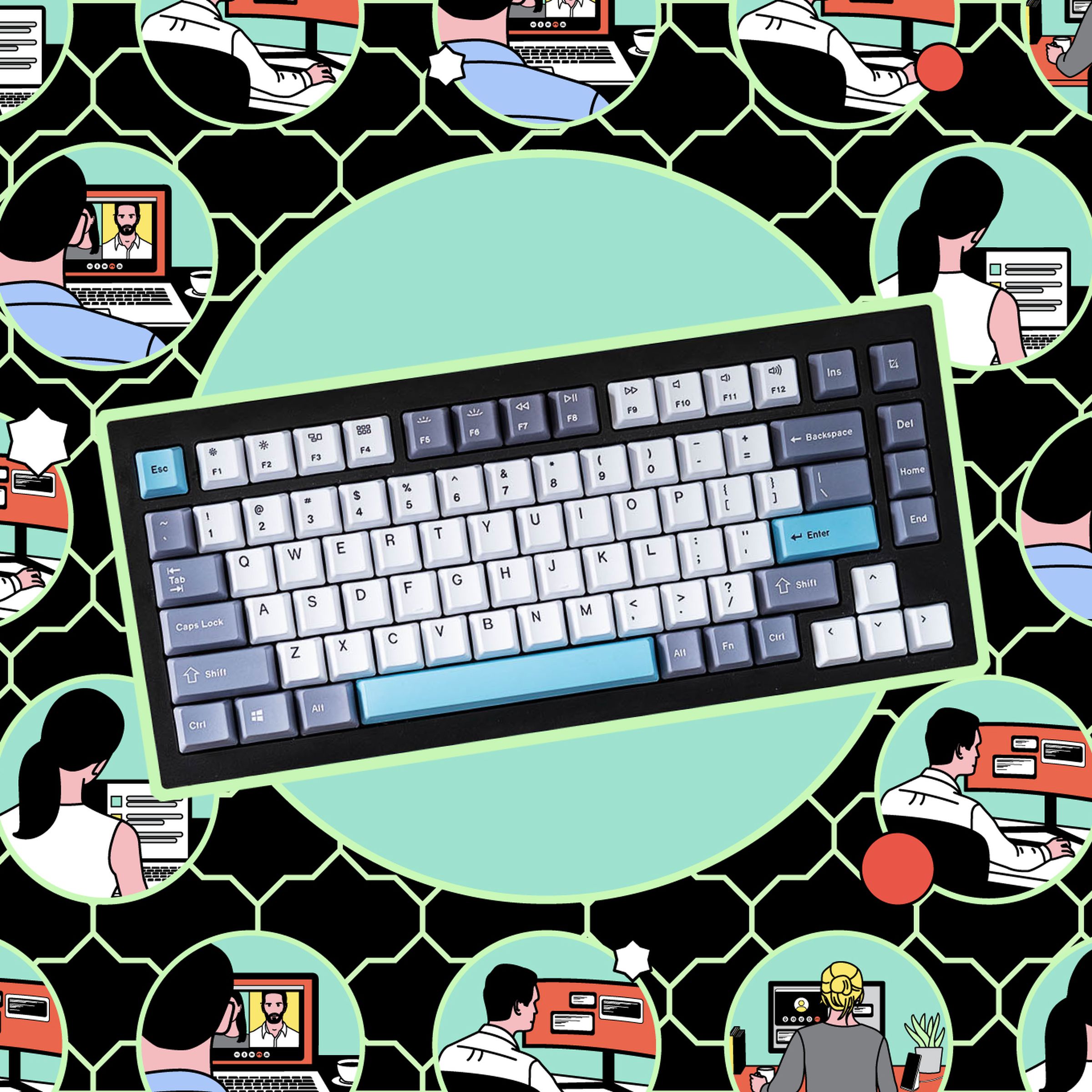 Illustration featuring a keyboard and various animated people typing on various computers