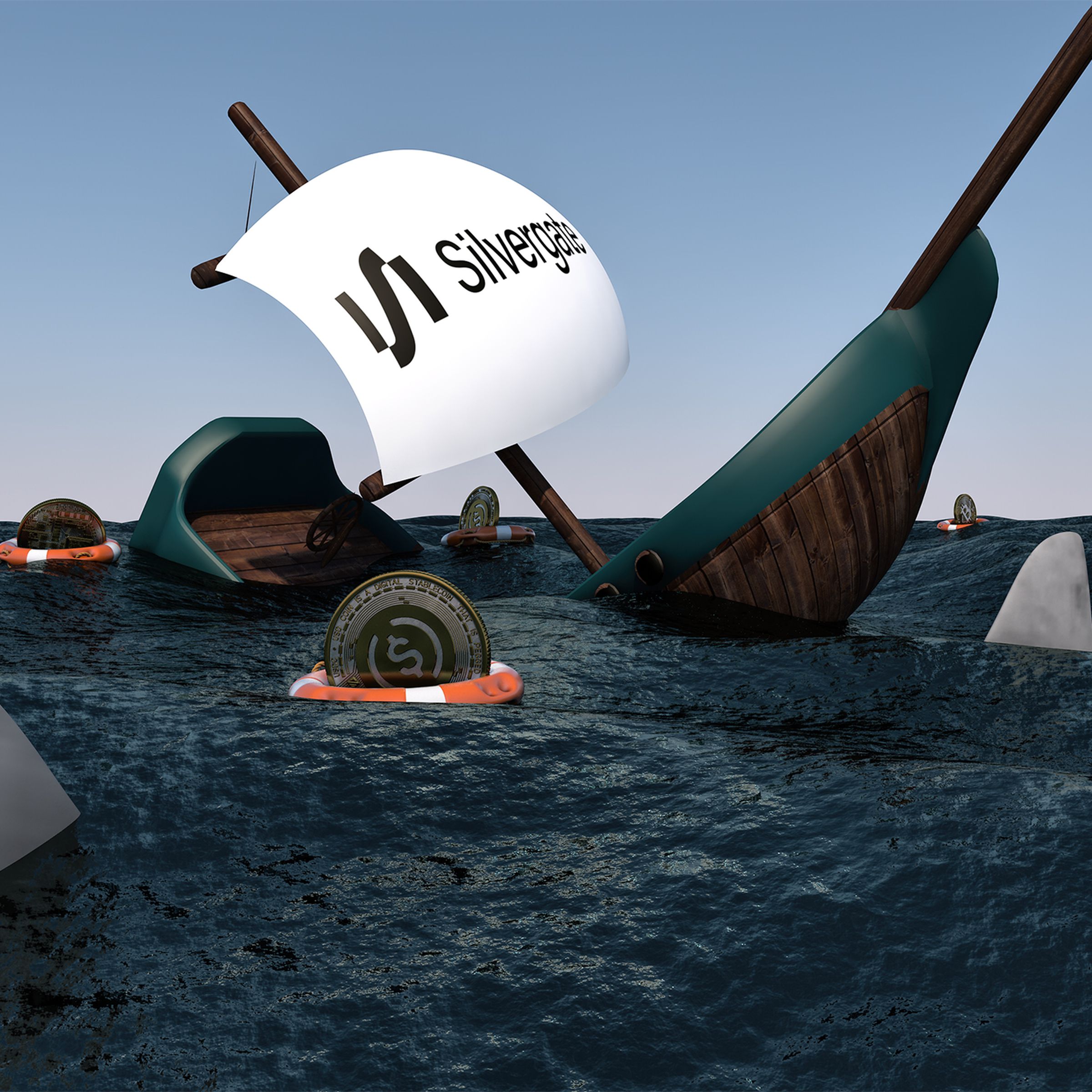 A sailing ship with the logo for Silvergate on the sail broken in half, sinking in a large body of water surrounded by Bitcoin and Stablecoins sitting in lifebuoys and shark fins.