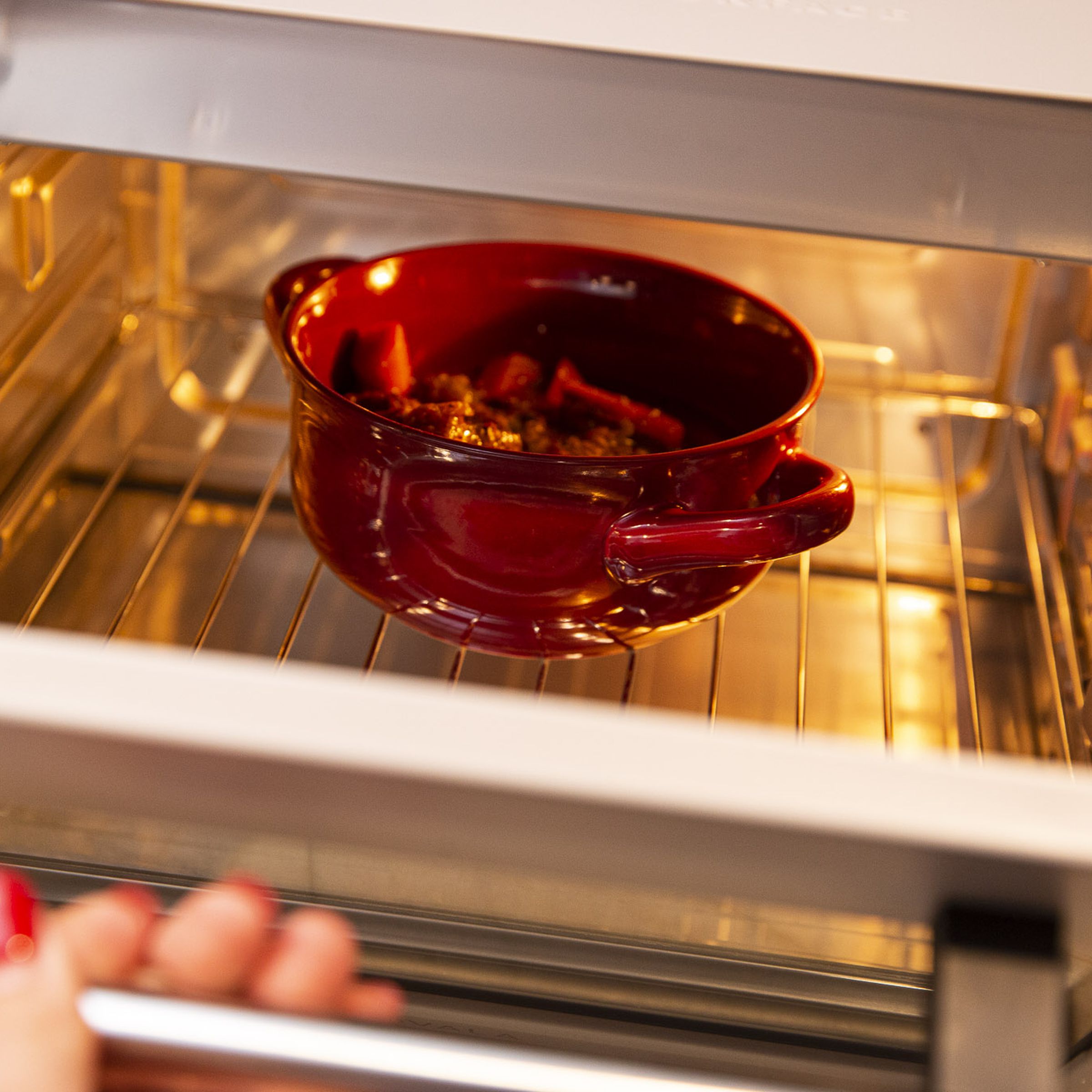 A red bowl in a small countertop oven with the door open.