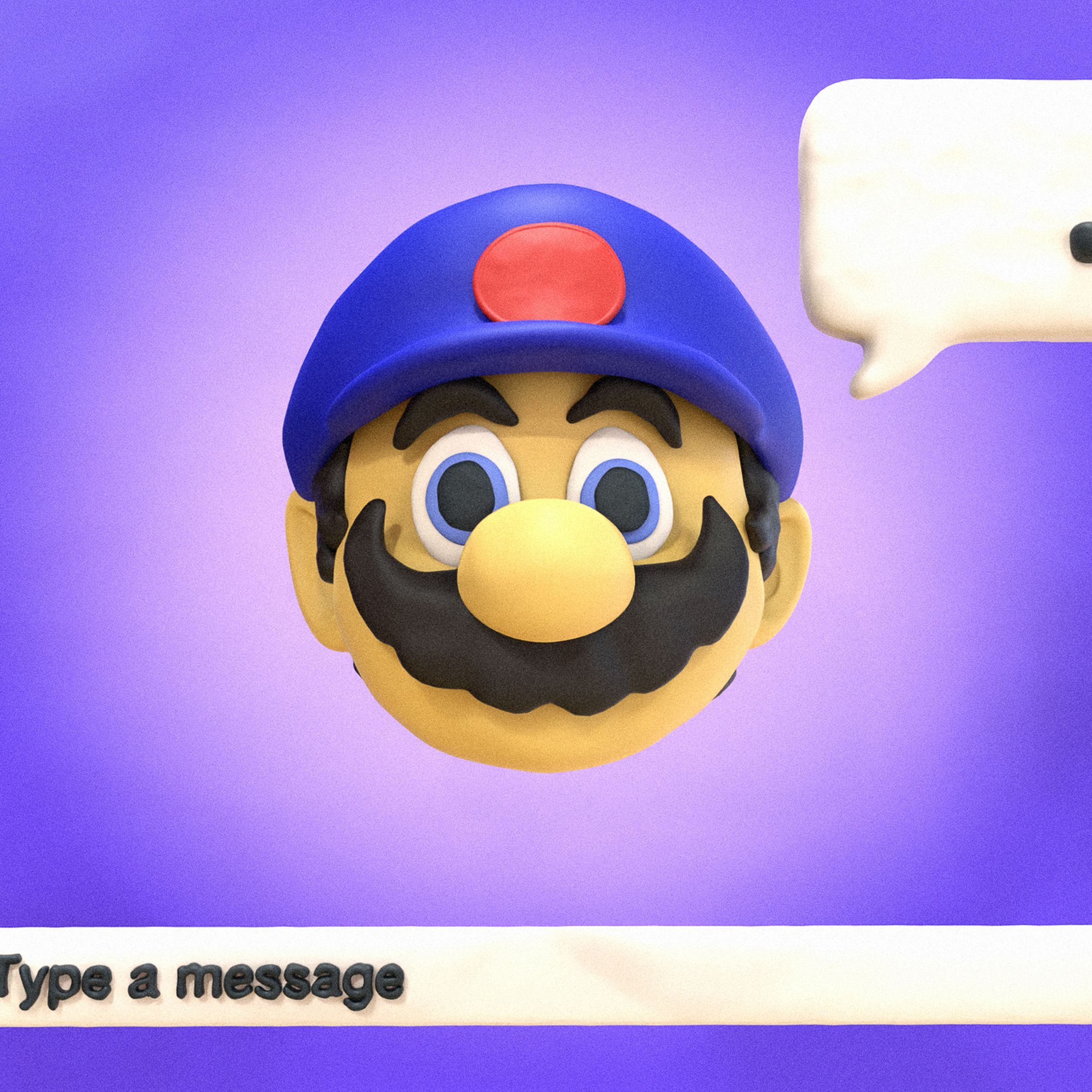 The video game character Mario’s face next to a chatbox with an ellipsis above a text bar with the prompt “type a message.”