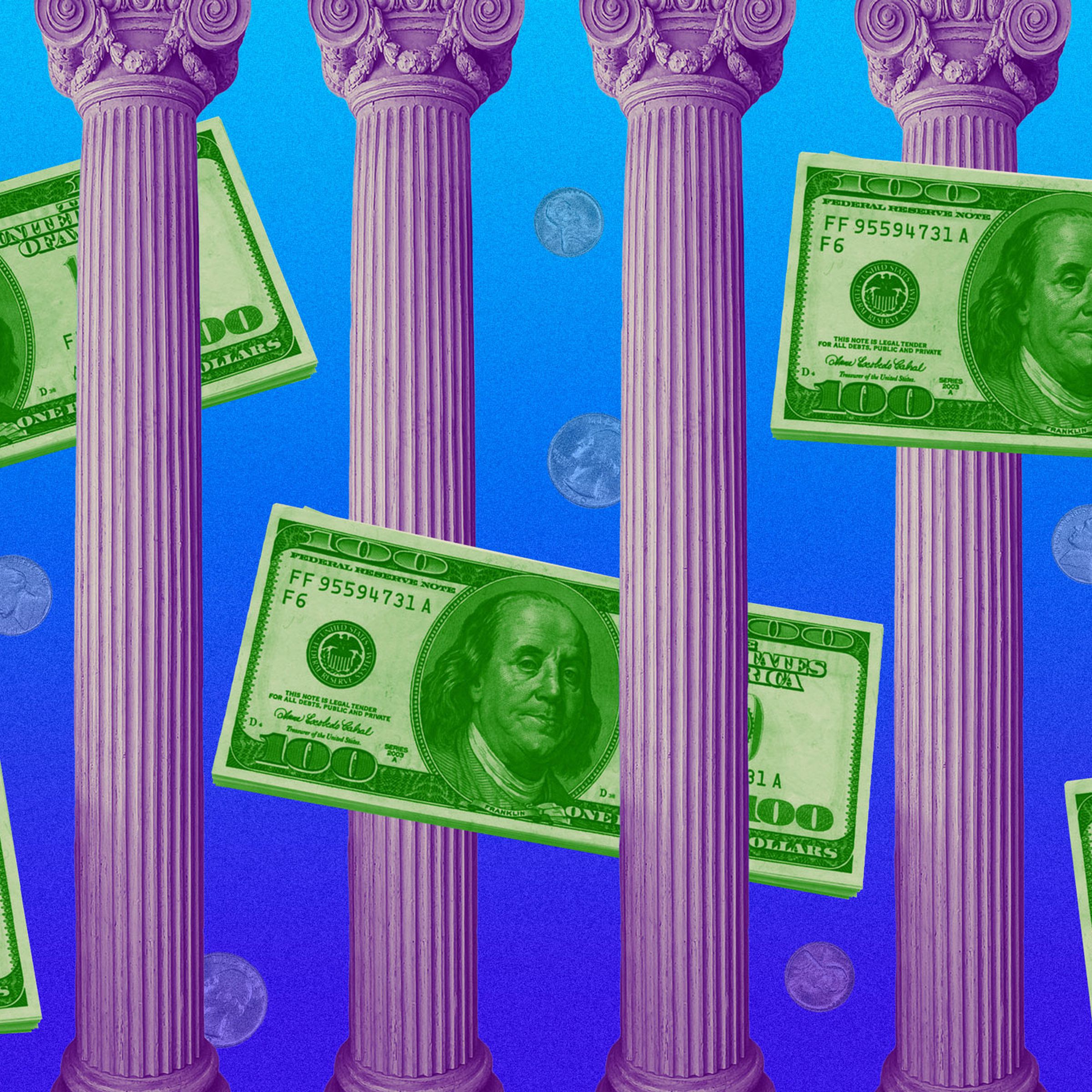 Dollars float through pillars, as if to exit a bank