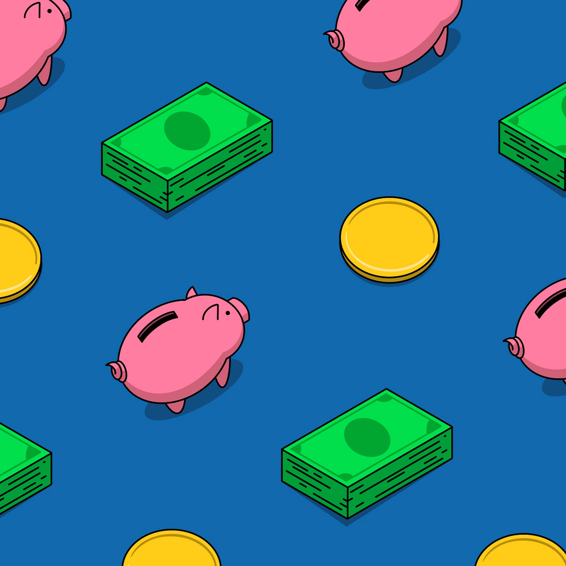An illustration of a piggy bank, a pile of cash, and some coins